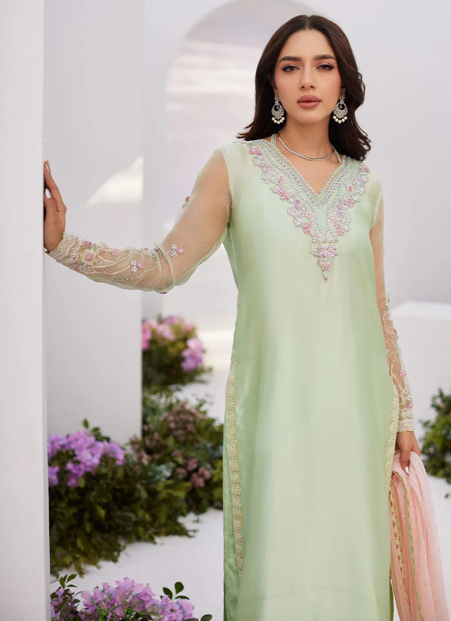 Farah Talib Aziz | Zaza Luxe Pret 24 | COLLETTE MINT OMBRE EMBELLISHED COLUMN SHIRT WITH KALIDAAR WITH EMBROIDERED SLIP - Aqsa Fabrics