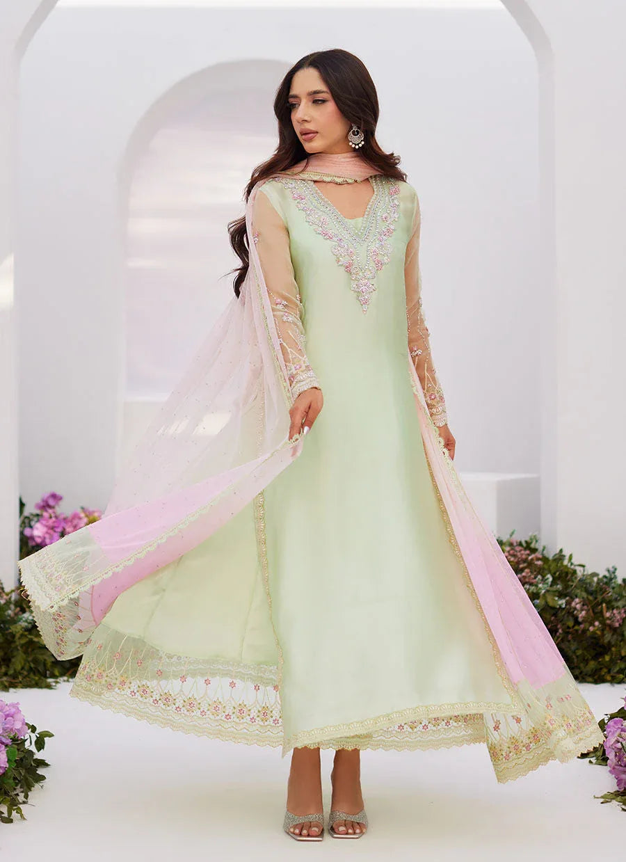 Farah Talib Aziz | Zaza Luxe Pret 24 | COLLETTE MINT OMBRE EMBELLISHED COLUMN SHIRT WITH KALIDAAR WITH EMBROIDERED SLIP - Aqsa Fabrics
