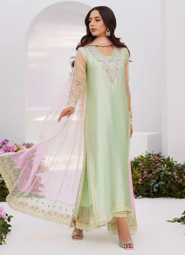 Farah Talib Aziz | Zaza Luxe Pret 24 | COLLETTE MINT OMBRE EMBELLISHED COLUMN SHIRT WITH KALIDAAR WITH EMBROIDERED SLIP - Aqsa Fabrics
