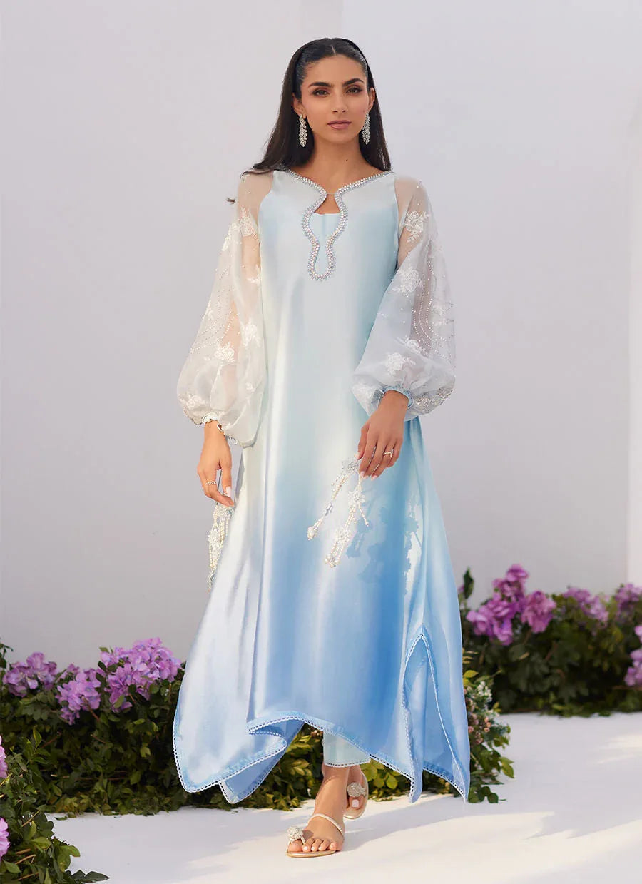 Farah Talib Aziz | Zaza Luxe Pret 24 | BOW OMBRE BLUE EMBELLISHED KAFTAN CUT SHIRT - Aqsa Fabrics