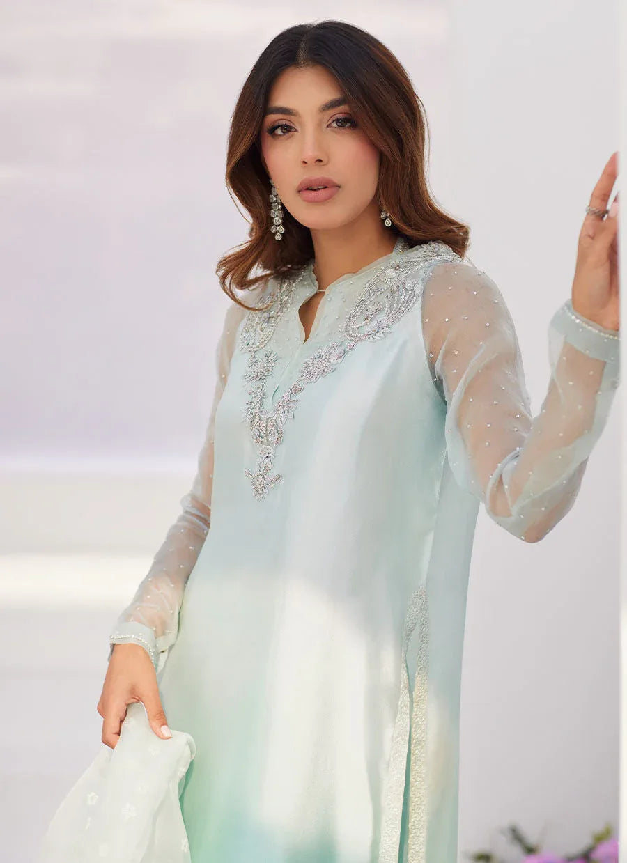 Farah Talib Aziz | Zaza Luxe Pret 24 | SOLENE AQUA OMBRE EMBELLISHED COLUMN SHIRT WITH EMBROIDERED KALIDAAR SLIP - Aqsa Fabrics