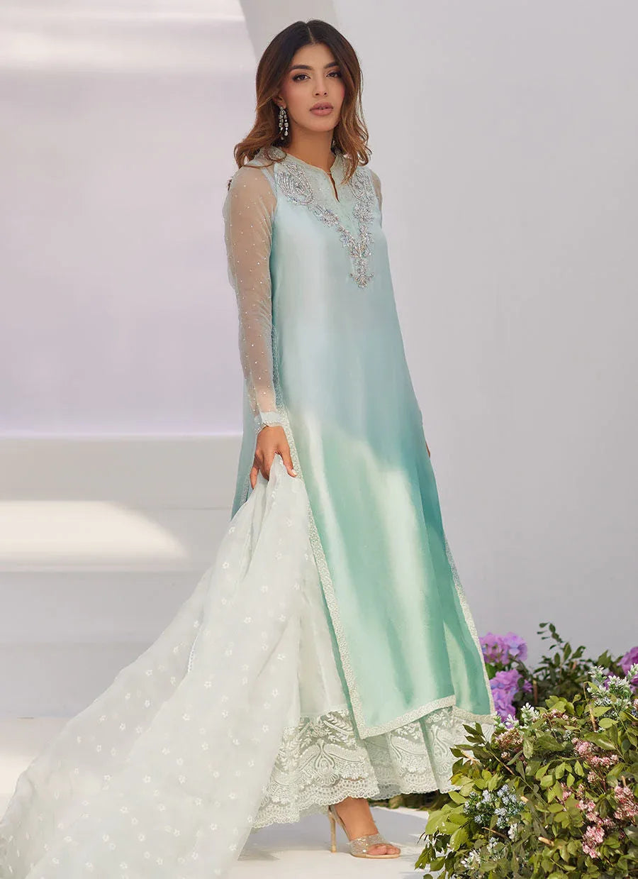Farah Talib Aziz | Zaza Luxe Pret 24 | SOLENE AQUA OMBRE EMBELLISHED COLUMN SHIRT WITH EMBROIDERED KALIDAAR SLIP - Aqsa Fabrics