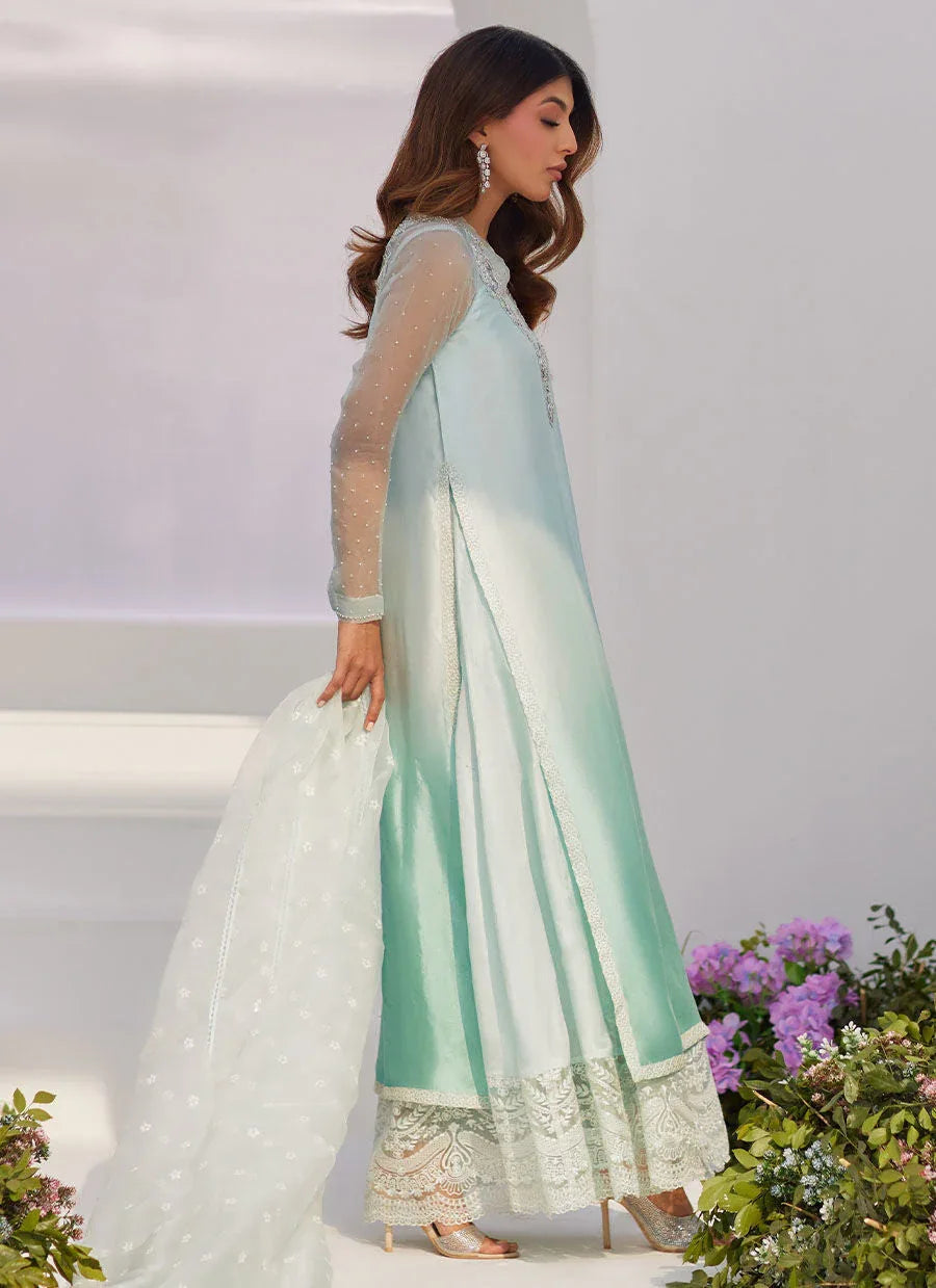 Farah Talib Aziz | Zaza Luxe Pret 24 | SOLENE AQUA OMBRE EMBELLISHED COLUMN SHIRT WITH EMBROIDERED KALIDAAR SLIP - Aqsa Fabrics