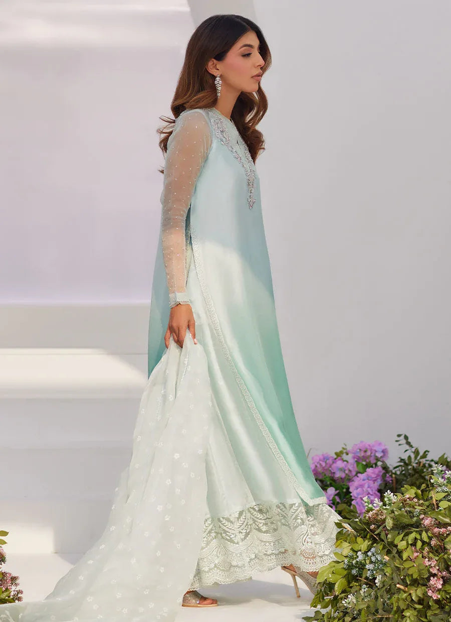 Farah Talib Aziz | Zaza Luxe Pret 24 | SOLENE AQUA OMBRE EMBELLISHED COLUMN SHIRT WITH EMBROIDERED KALIDAAR SLIP - Aqsa Fabrics