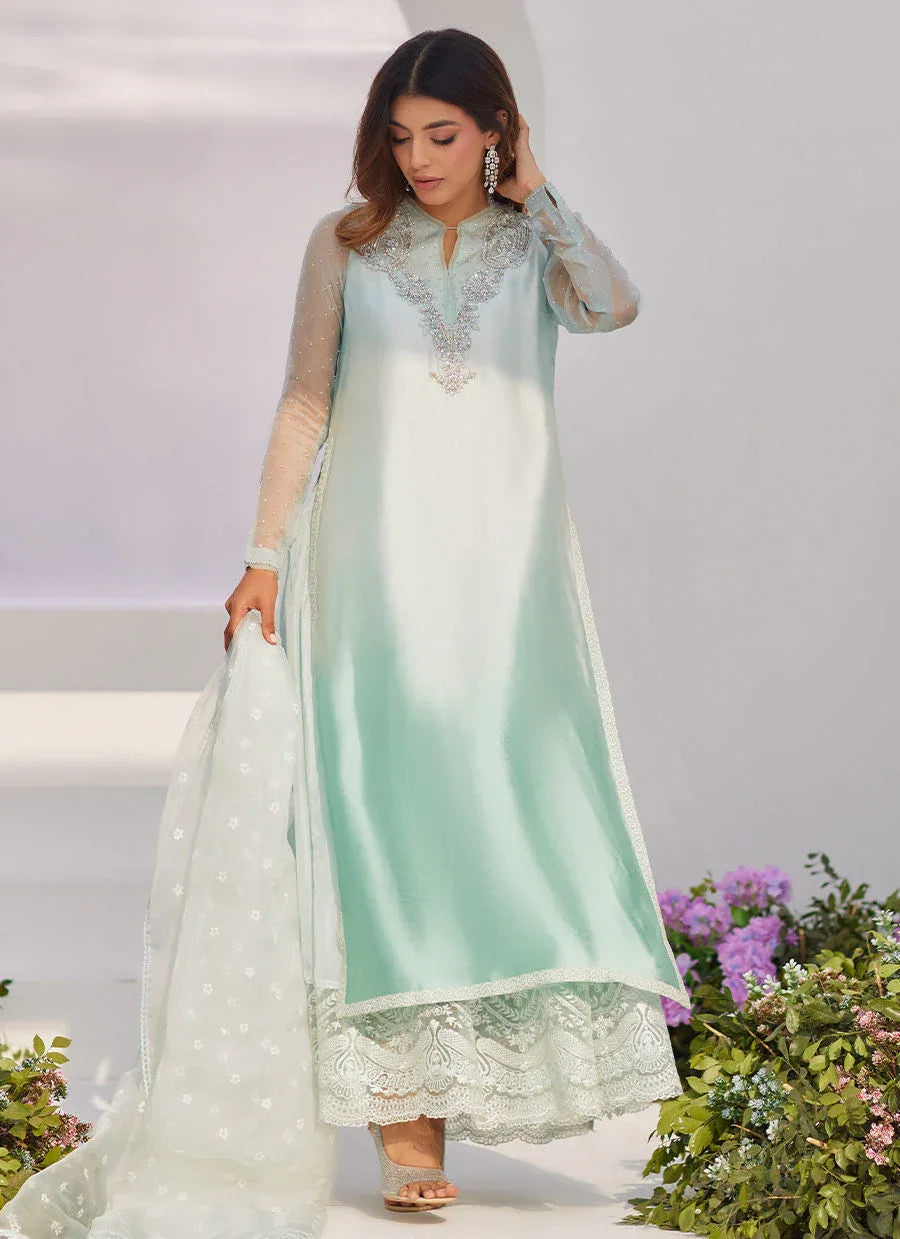 Farah Talib Aziz | Zaza Luxe Pret 24 | SOLENE AQUA OMBRE EMBELLISHED COLUMN SHIRT WITH EMBROIDERED KALIDAAR SLIP - Aqsa Fabrics