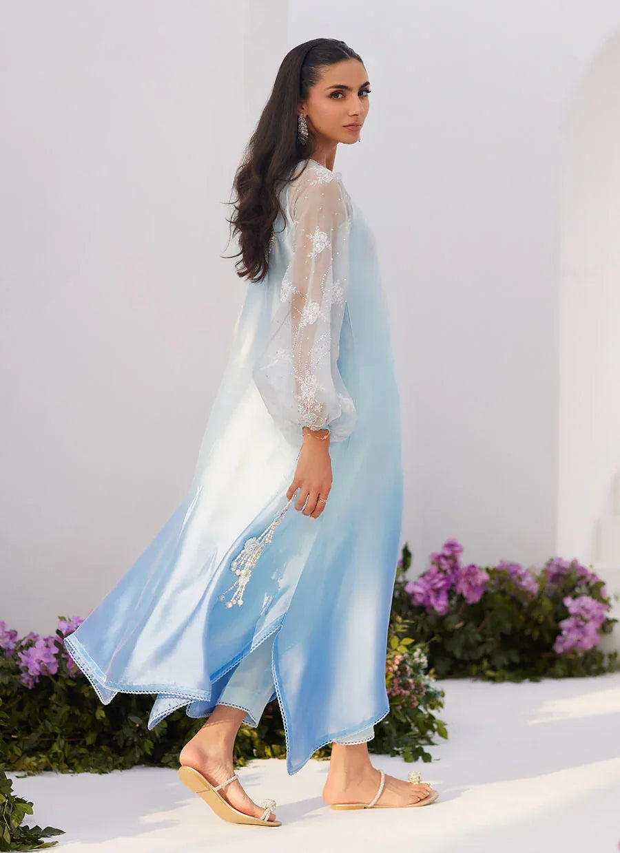 Farah Talib Aziz | Zaza Luxe Pret 24 | BOW OMBRE BLUE EMBELLISHED KAFTAN CUT SHIRT - Aqsa Fabrics