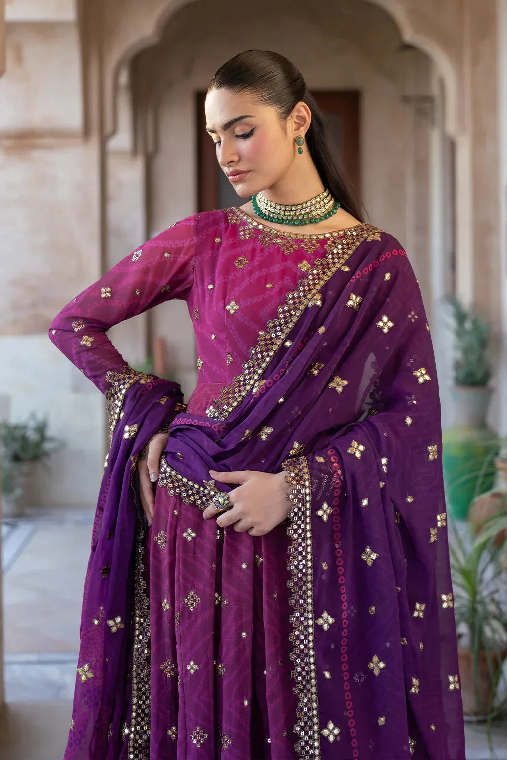 Iznik | Bandhani | UE-327 Embroidered Chiffon - Aqsa Fabrics