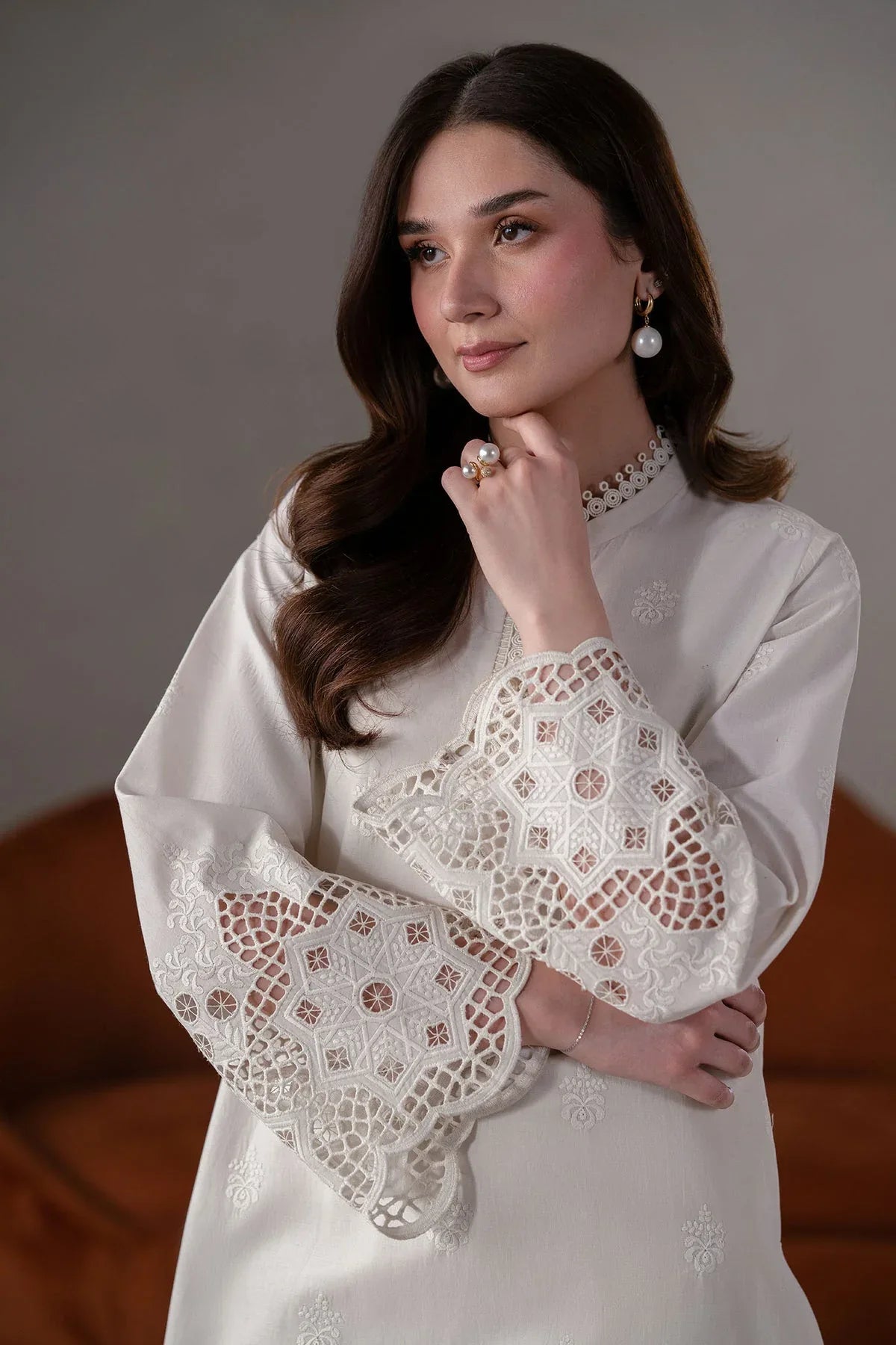 Akbar Aslam | Pret Lawn | Ecru - Aqsa Fabrics