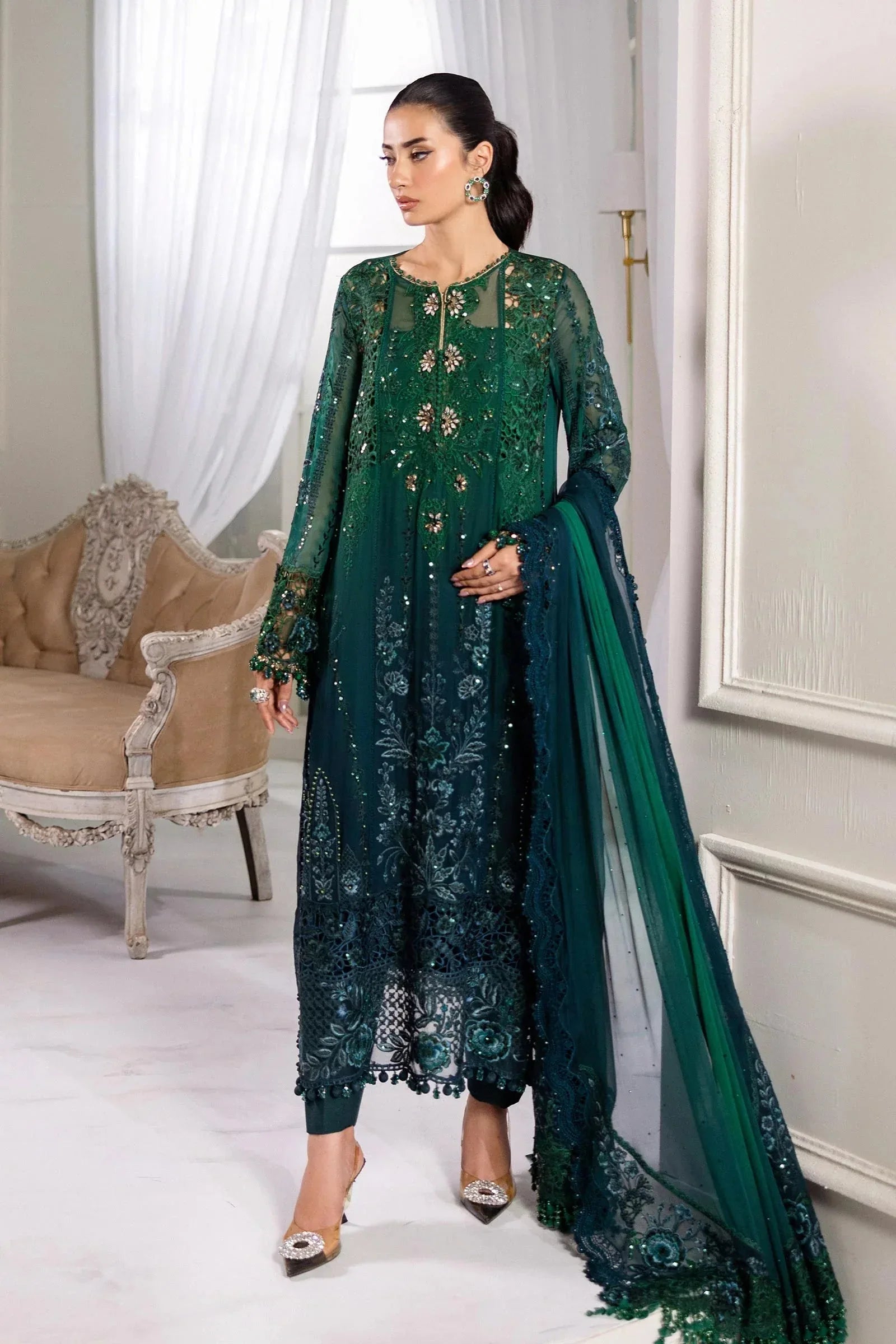 Maria B 3 Piece Embroidered Chiffon Suit | MPC-25-106 - Aqsa Fabrics