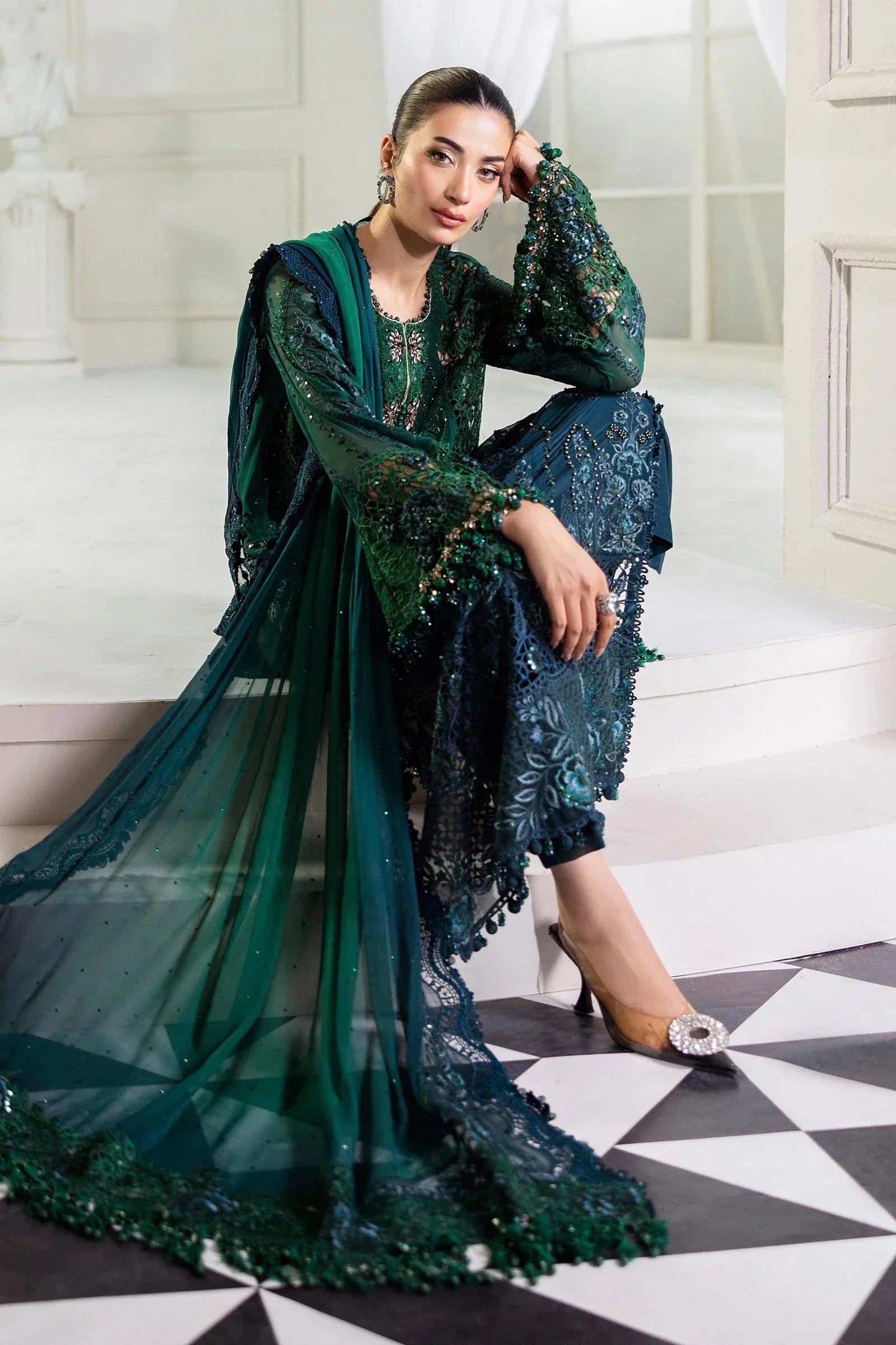 Maria B 3 Piece Embroidered Chiffon Suit | MPC-25-106 - Aqsa Fabrics