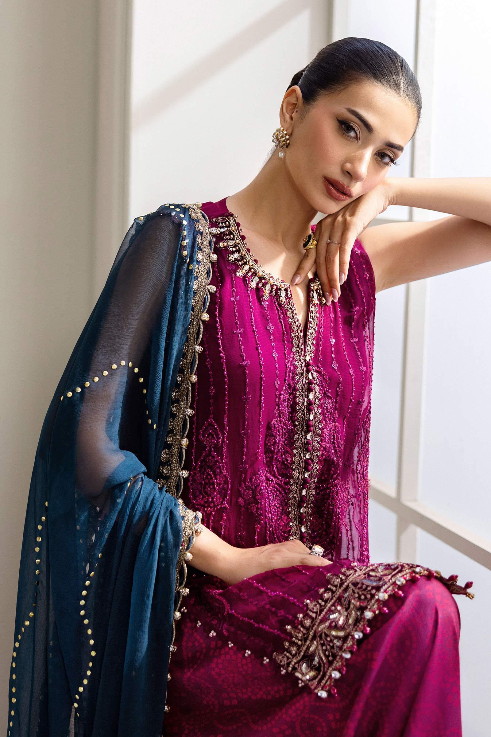 Maria B 3 Piece Unstitched Embroidered Chiffon Suit | MPC-25-102 - Aqsa Fabrics