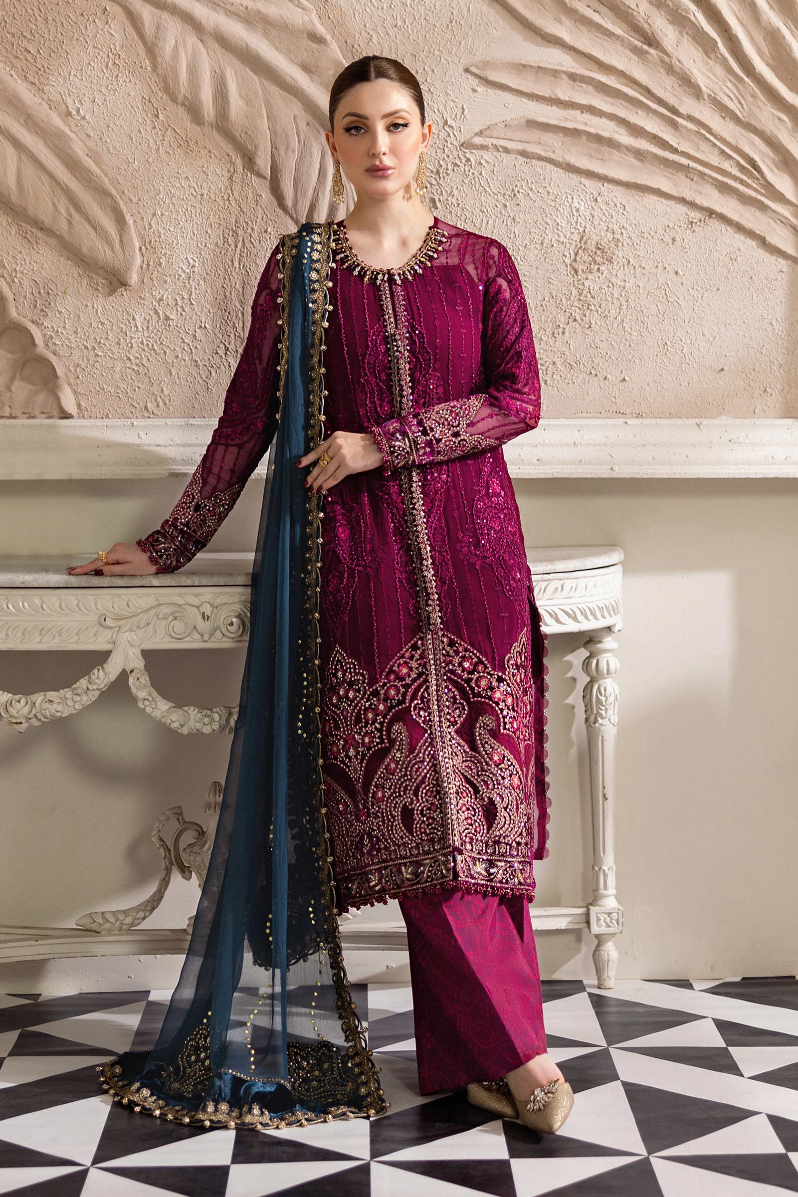 Maria B 3 Piece Unstitched Embroidered Chiffon Suit | MPC-25-102 - Aqsa Fabrics