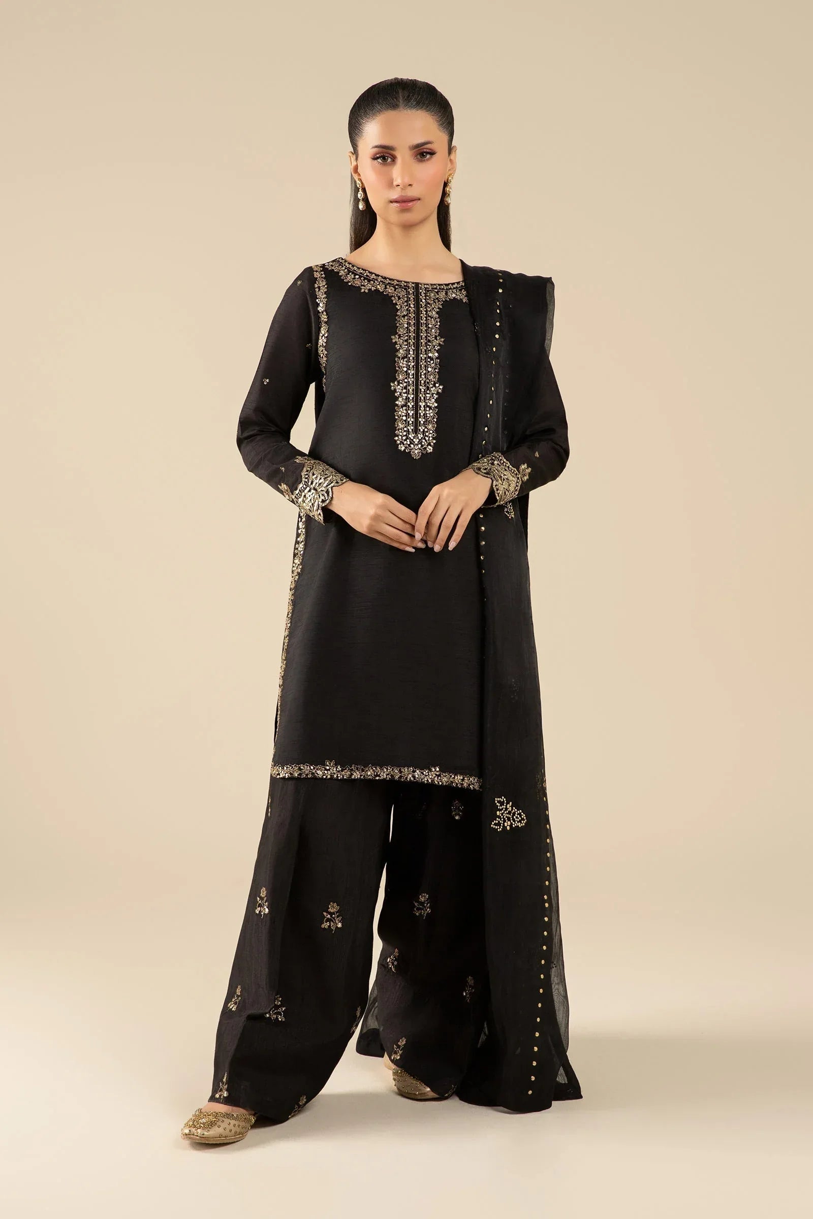 Maria B | Basics RTW | 3 Pc Embroidered Raw Silk Suit | MB-FS25-32-B - Aqsa Fabrics