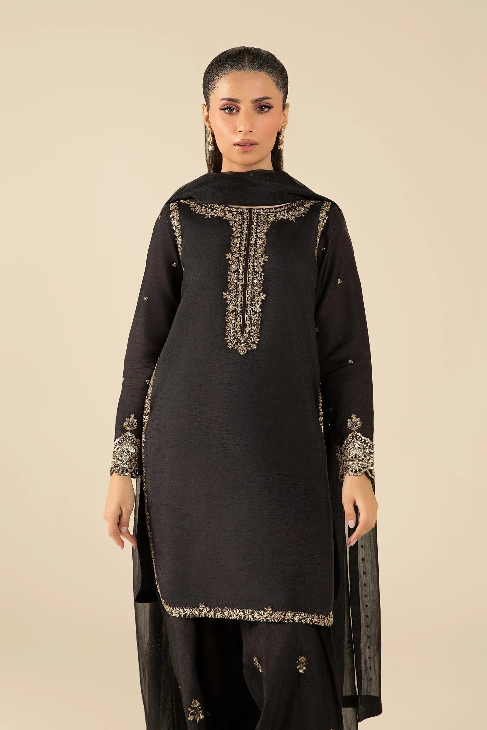 Maria B | Basics RTW | 3 Pc Embroidered Raw Silk Suit | MB-FS25-32-B - Aqsa Fabrics