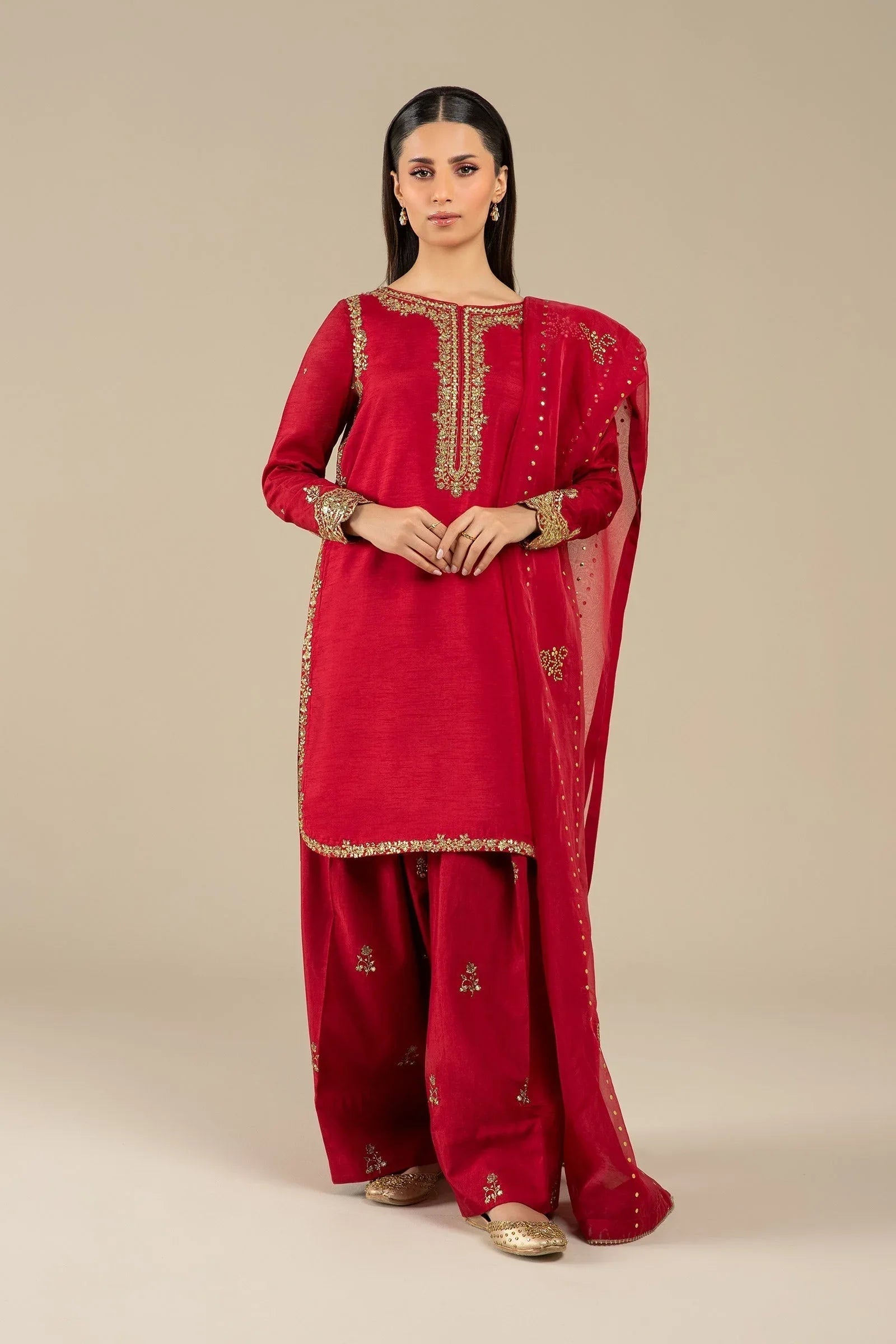 Maria B | Basics RTW | 3 Pc Embroidered Raw Silk Suit | MB-FS25-32 - Aqsa Fabrics
