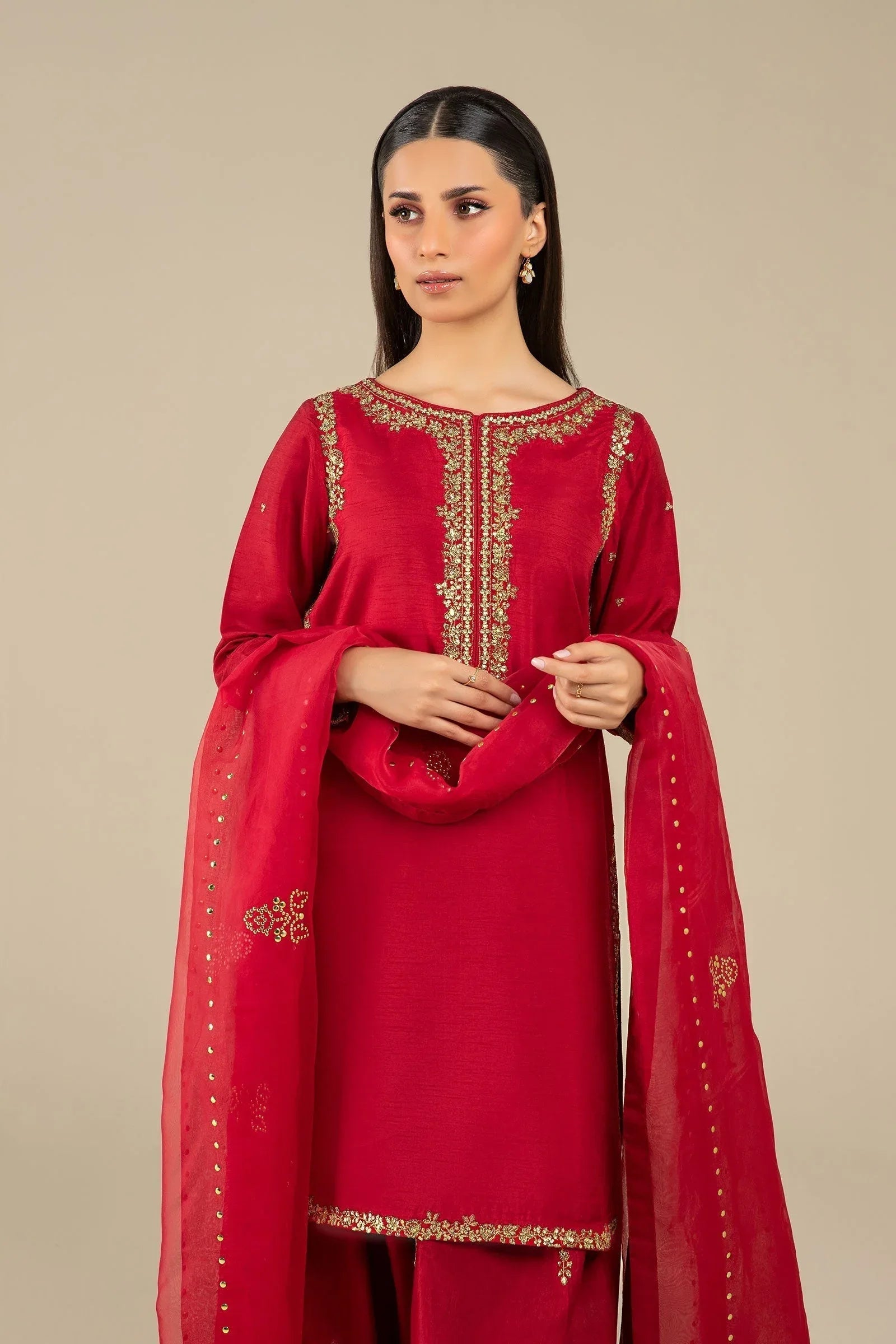 Maria B | Basics RTW | 3 Pc Embroidered Raw Silk Suit | MB-FS25-32 - Aqsa Fabrics