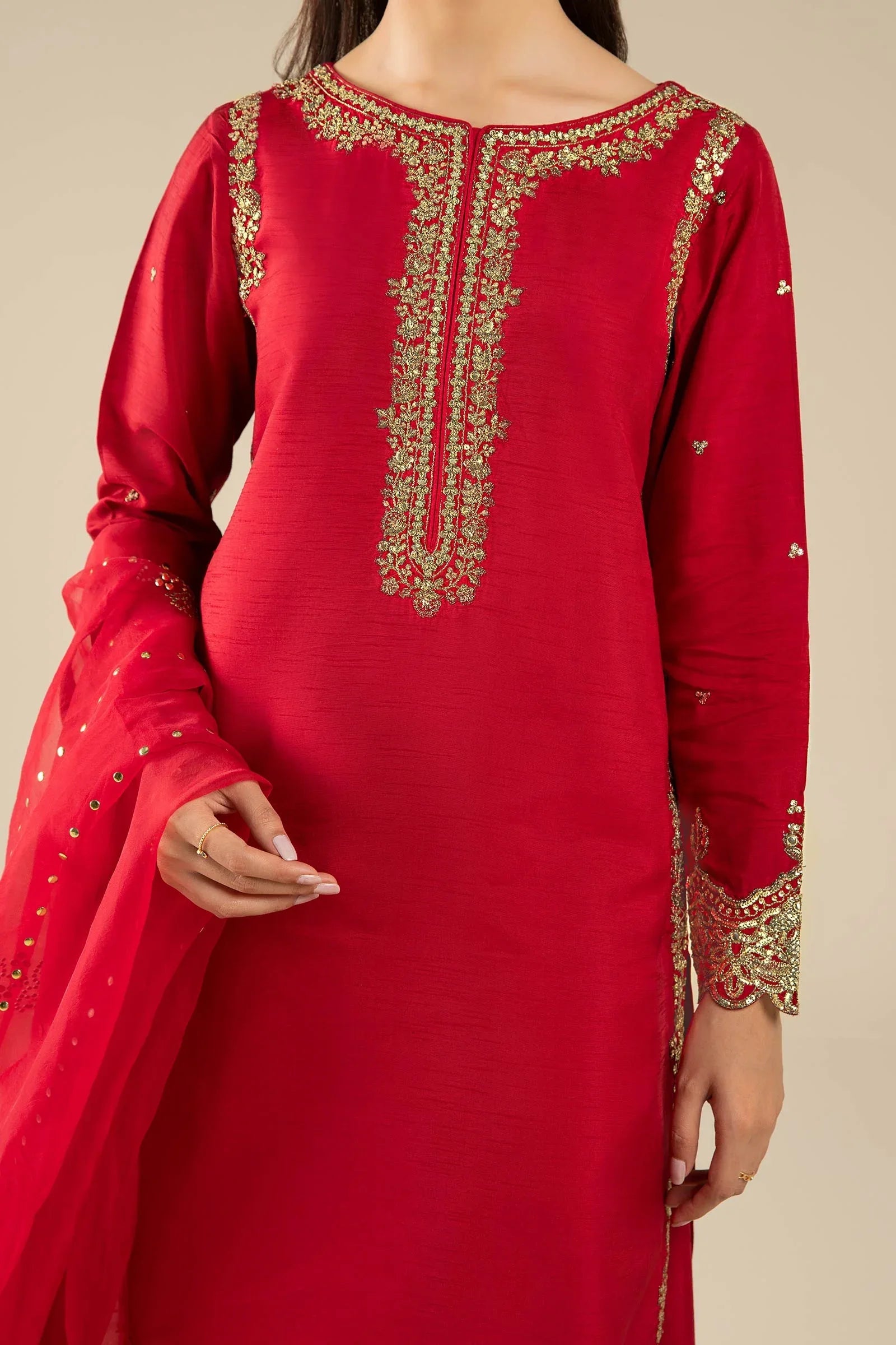 Maria B | Basics RTW | 3 Pc Embroidered Raw Silk Suit | MB-FS25-32 - Aqsa Fabrics