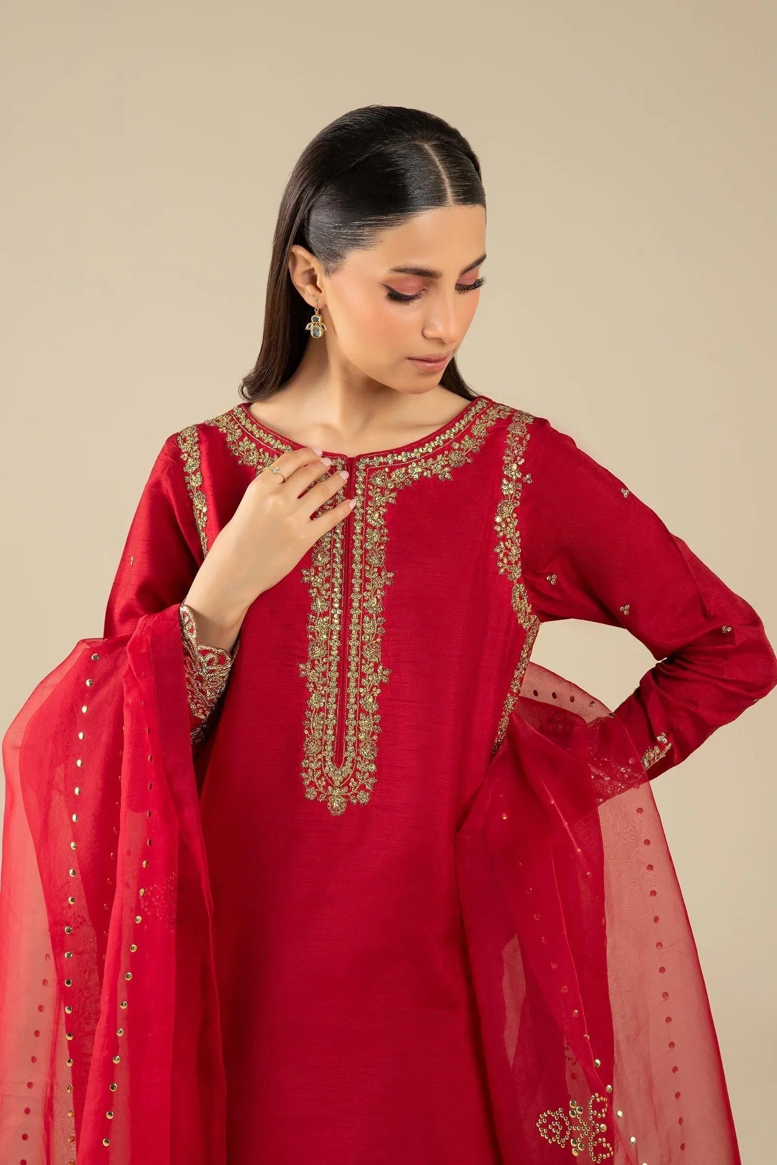 Maria B | Basics RTW | 3 Pc Embroidered Raw Silk Suit | MB-FS25-32 - Aqsa Fabrics