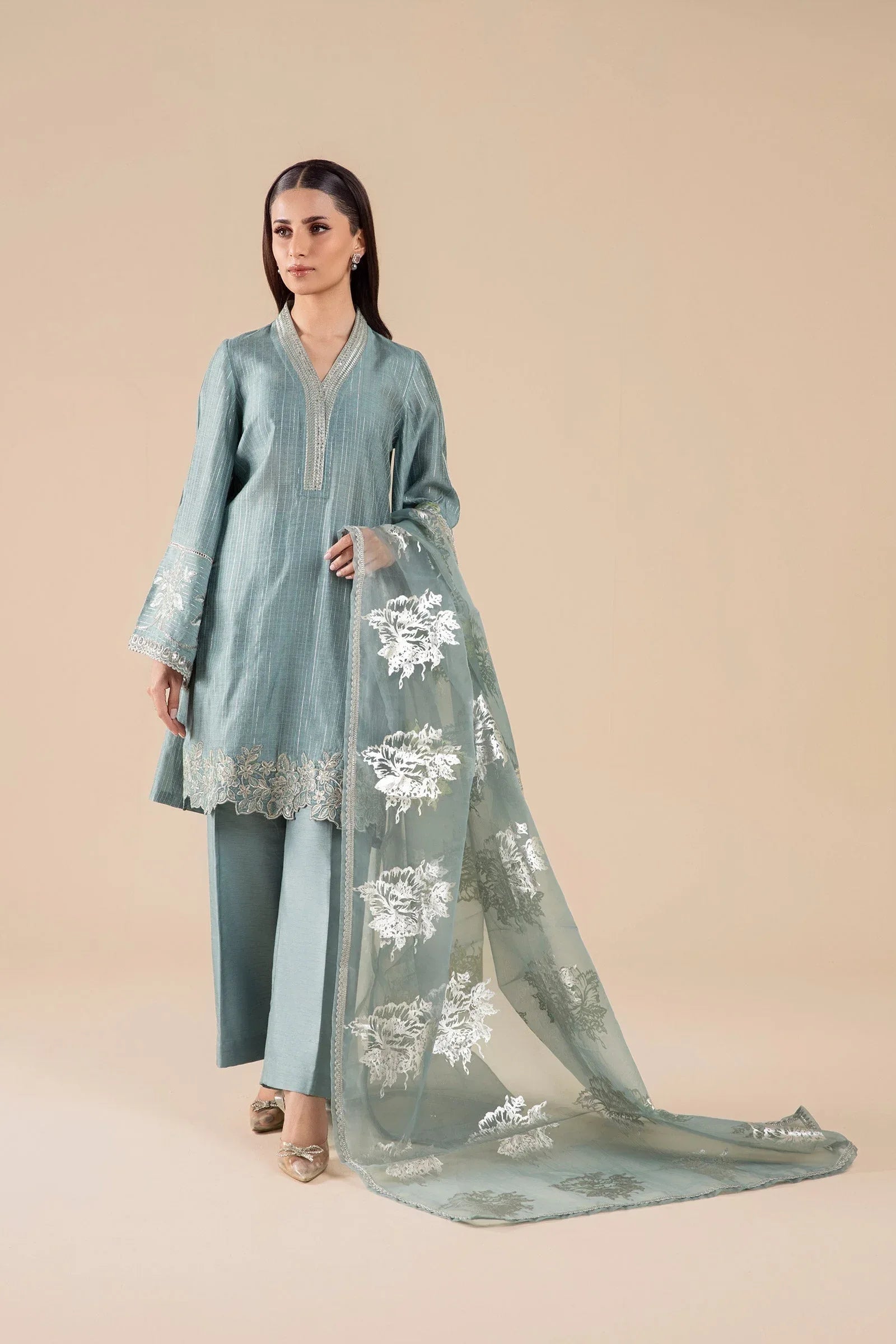 Maria B | Basics RTW | 3 Pc Embroidered Two Tone Lurex Silk Suit | MB-FS25-28 - Aqsa Fabrics
