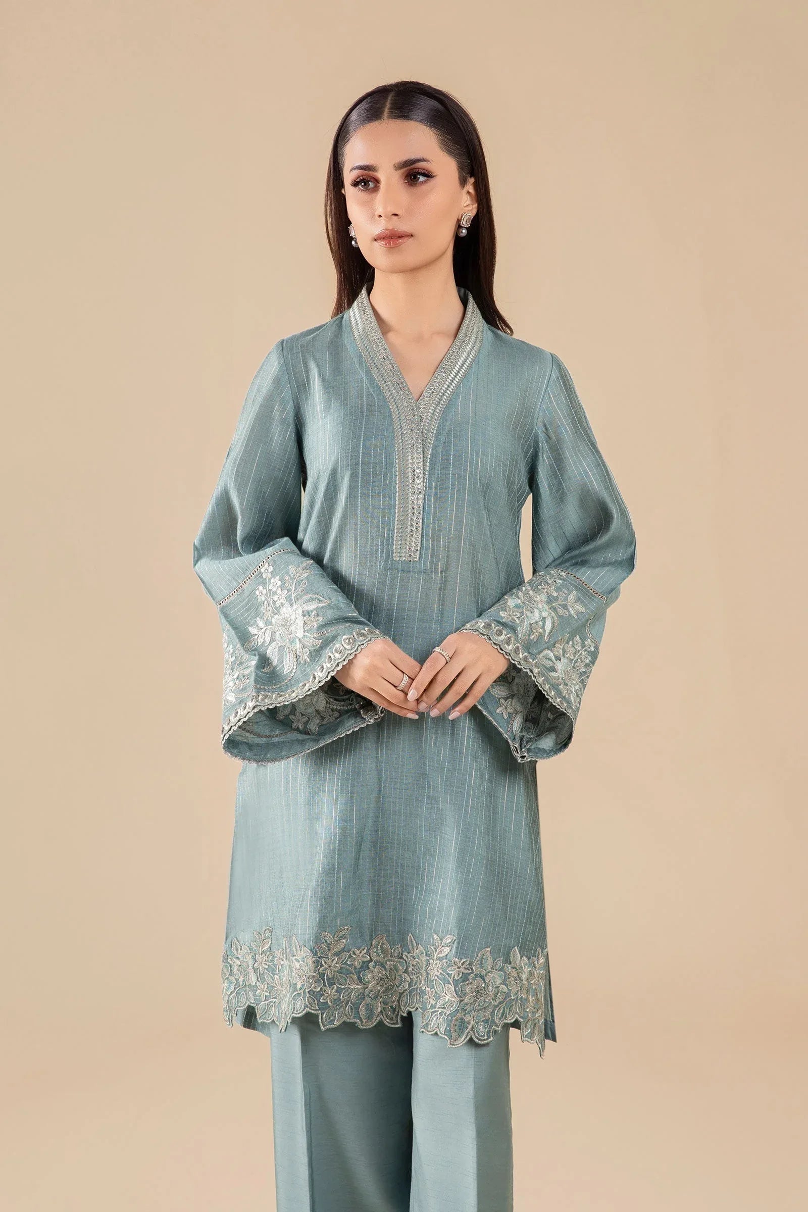 Maria B | Basics RTW | 3 Pc Embroidered Two Tone Lurex Silk Suit | MB-FS25-28 - Aqsa Fabrics