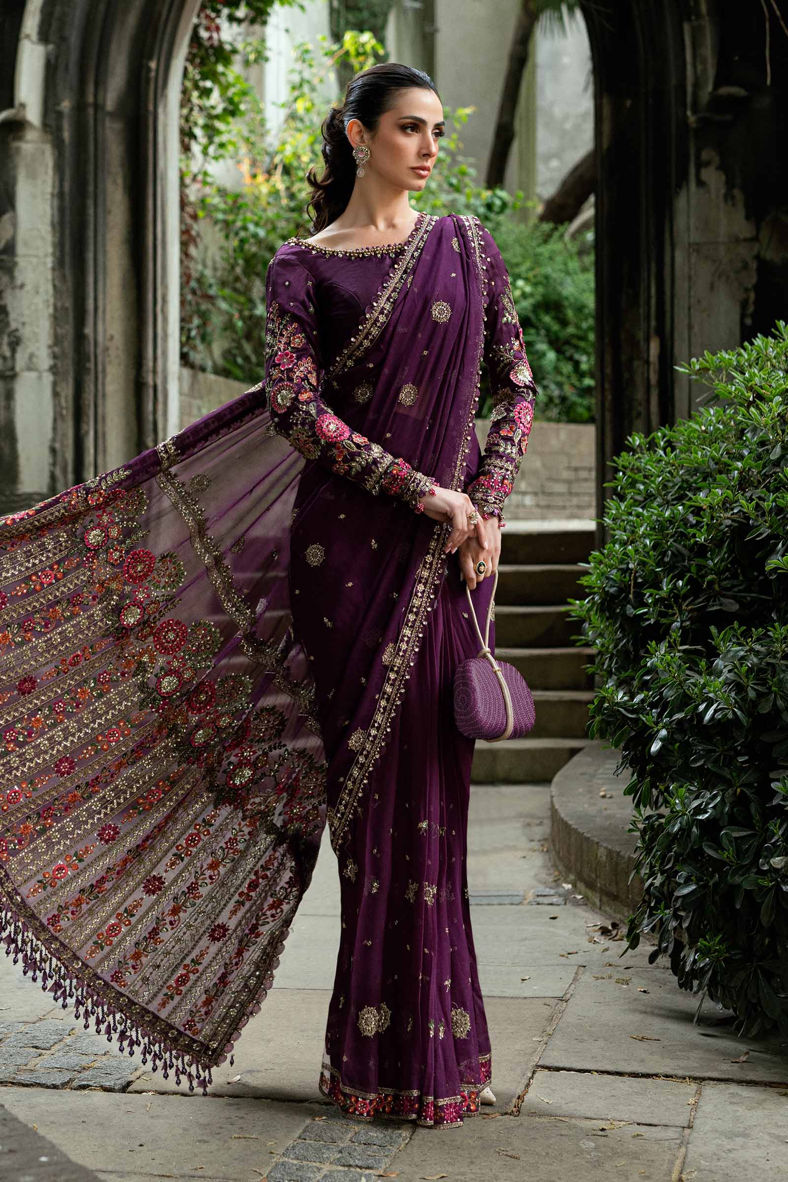 Maria B Embroidered Chiffon Saree - Aqsa Fabrics