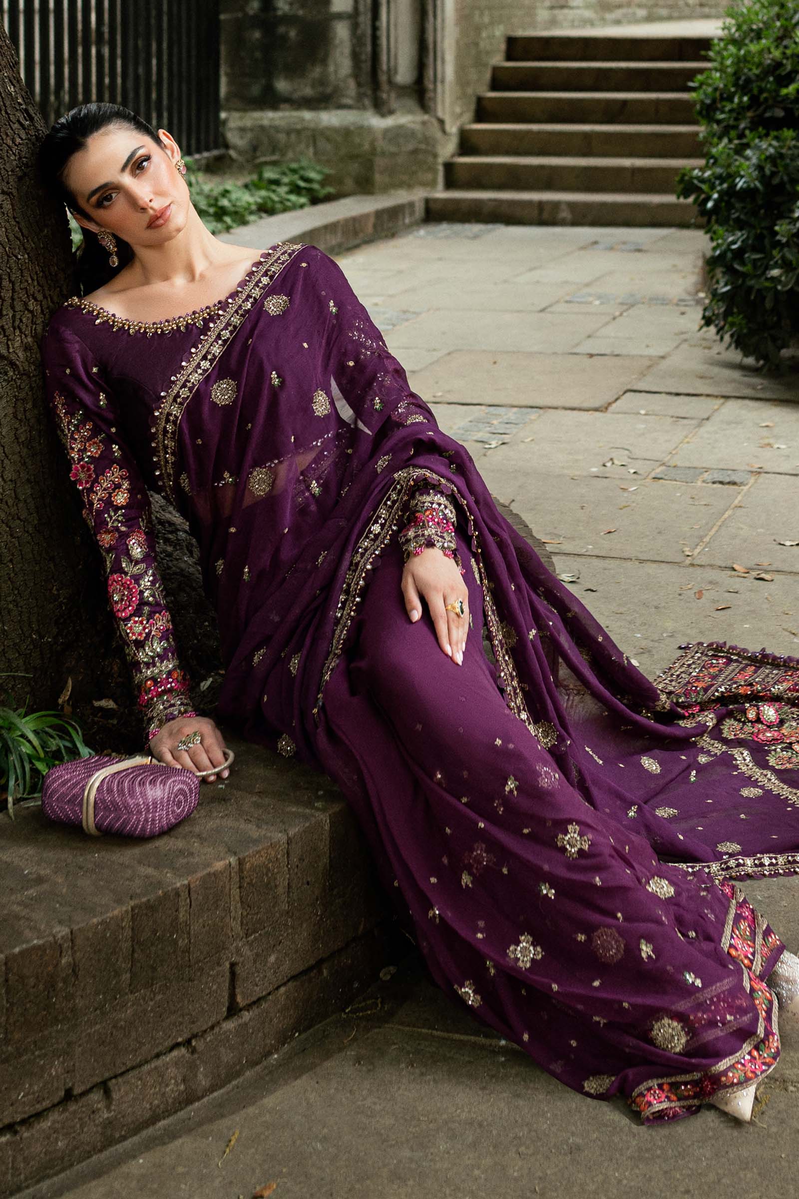 Maria B Embroidered Chiffon Saree - Aqsa Fabrics