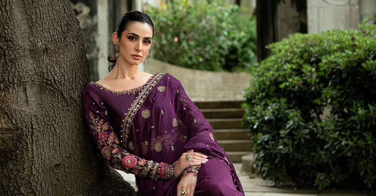 Maria B Embroidered Chiffon Saree - Aqsa Fabrics