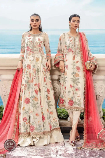 Maria B | Luxury Chiffon Collection | Cloud White Floral - Aqsa Fabrics