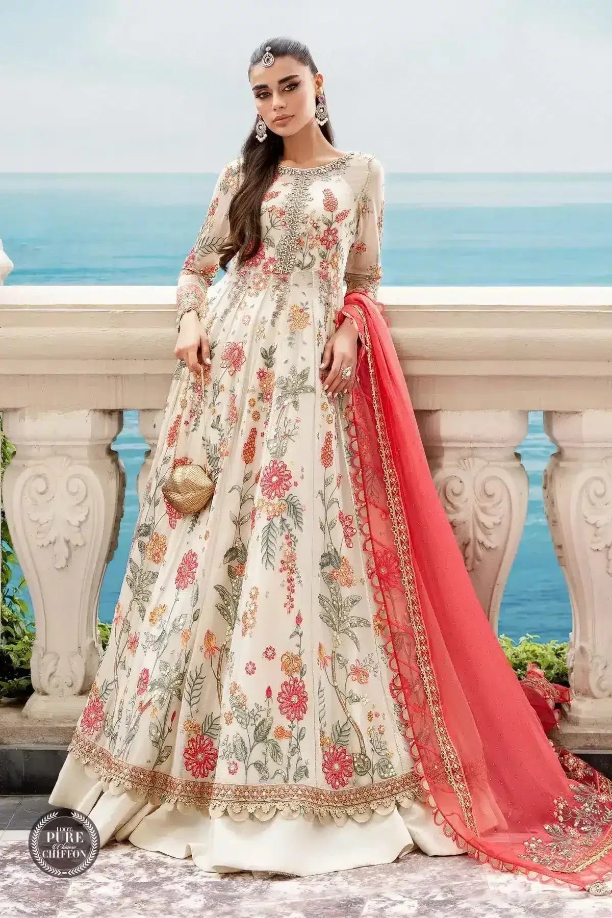 Maria B | Luxury Chiffon Collection | Cloud White Floral - Aqsa Fabrics