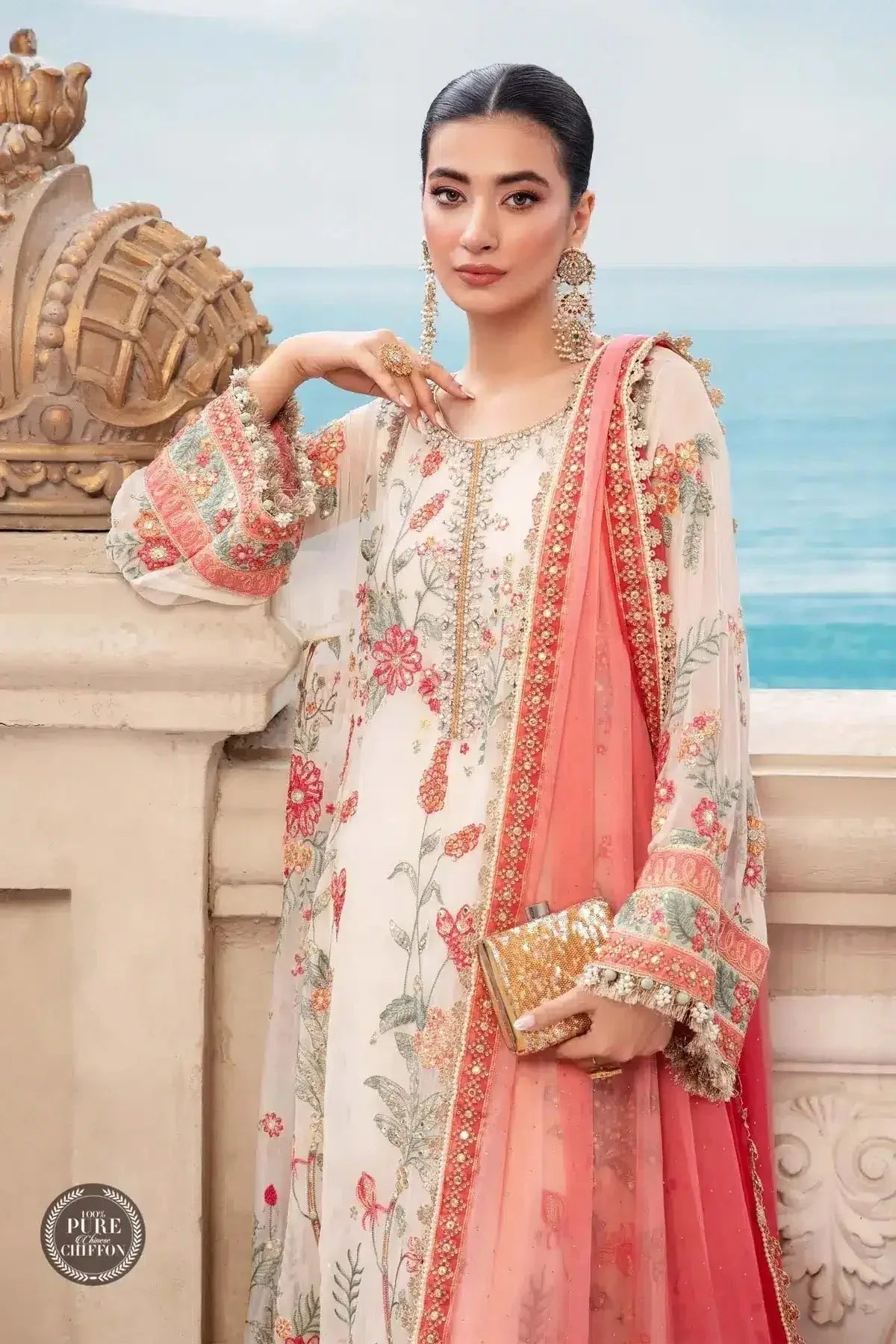 Maria B | Luxury Chiffon Collection | Cloud White Floral - Aqsa Fabrics