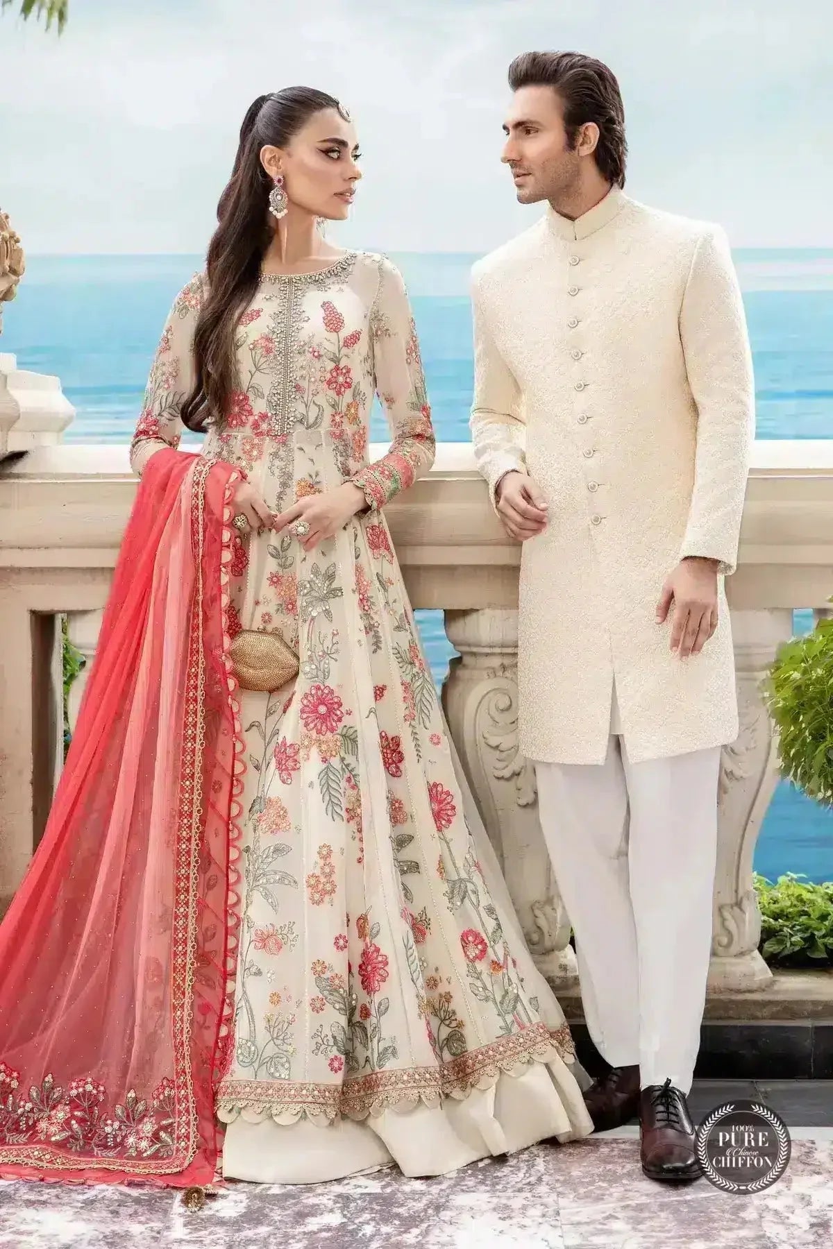 Maria B | Luxury Chiffon Collection | Cloud White Floral - Aqsa Fabrics