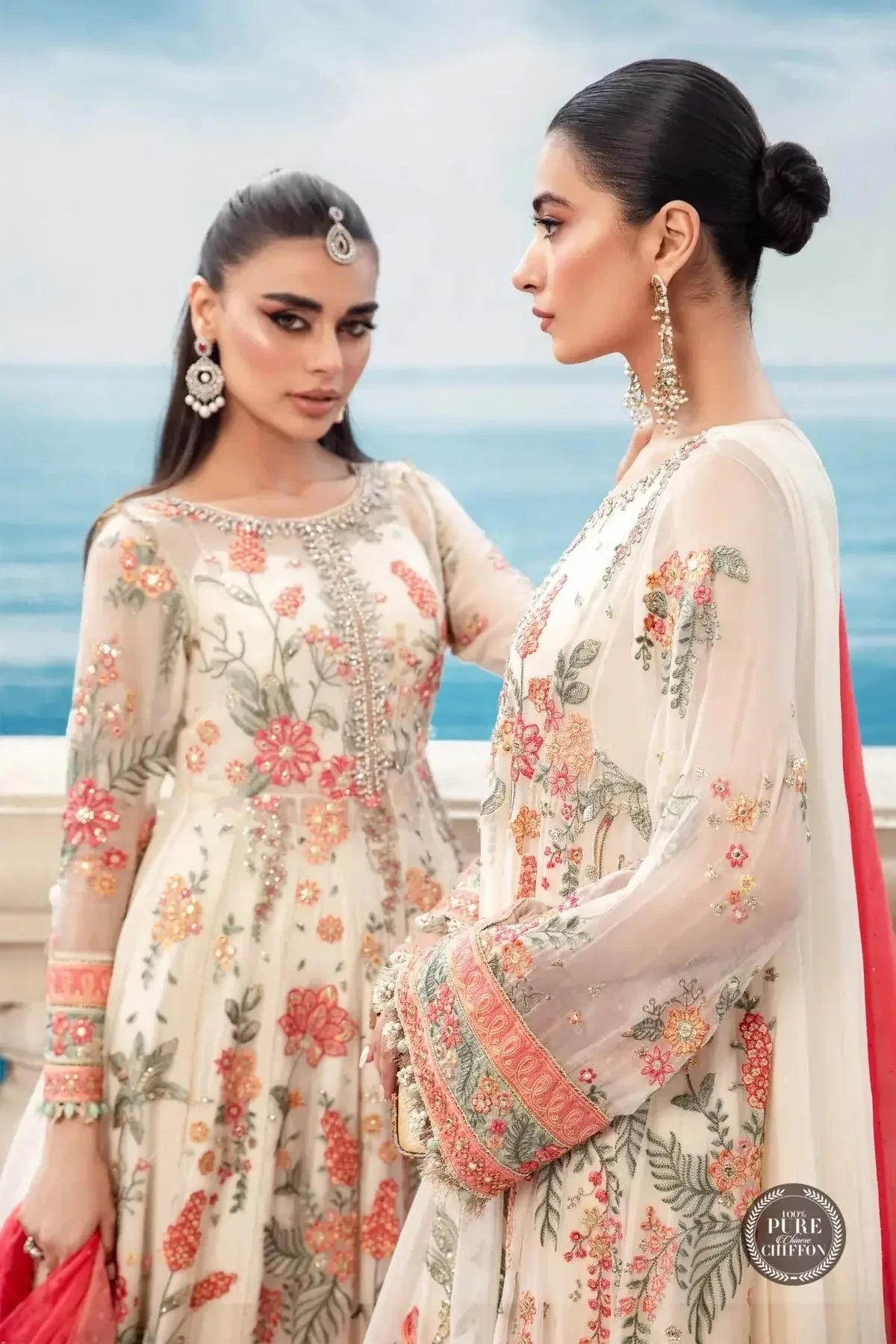Maria B | Luxury Chiffon Collection | Cloud White Floral - Aqsa Fabrics