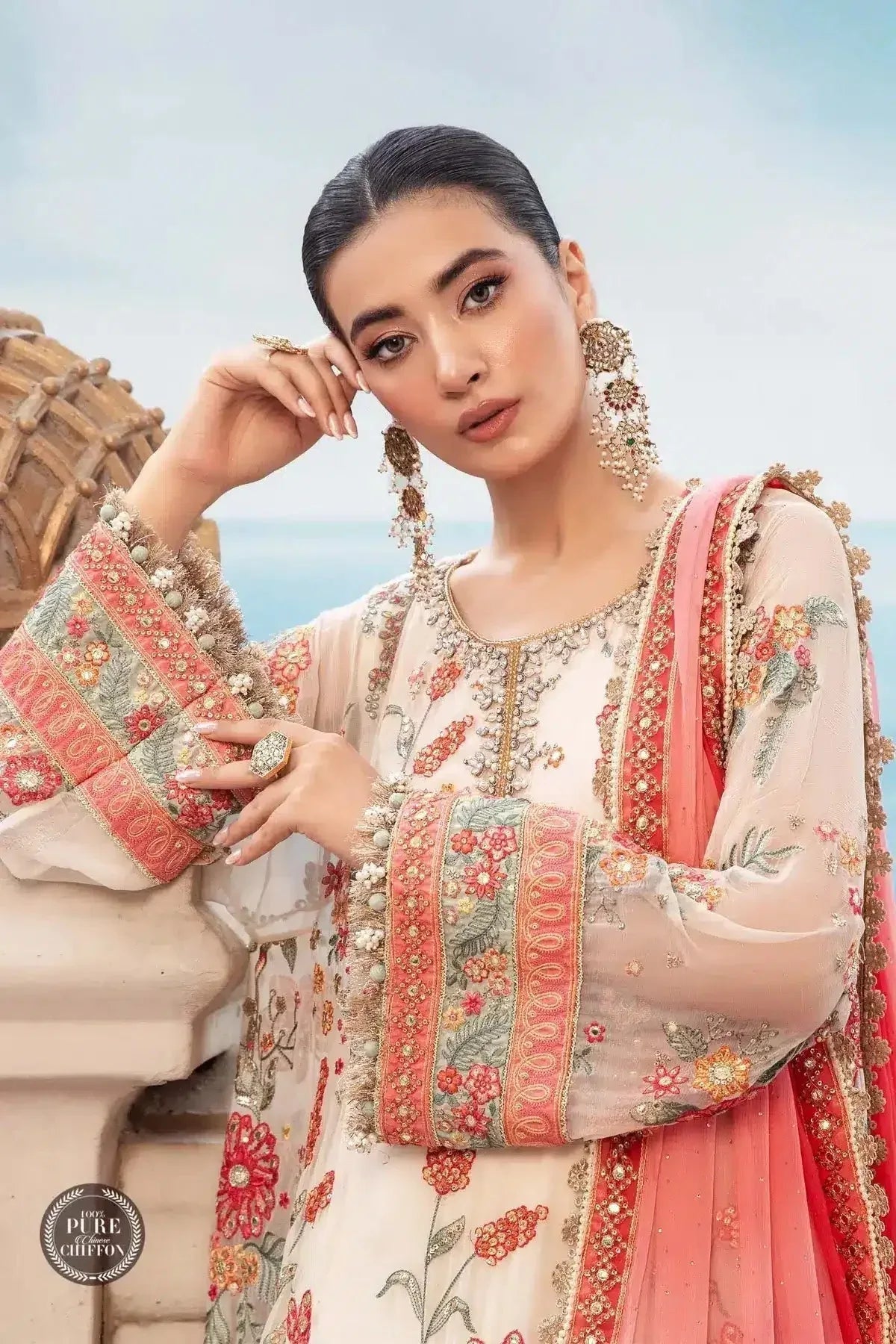 Maria B | Luxury Chiffon Collection | Cloud White Floral - Aqsa Fabrics