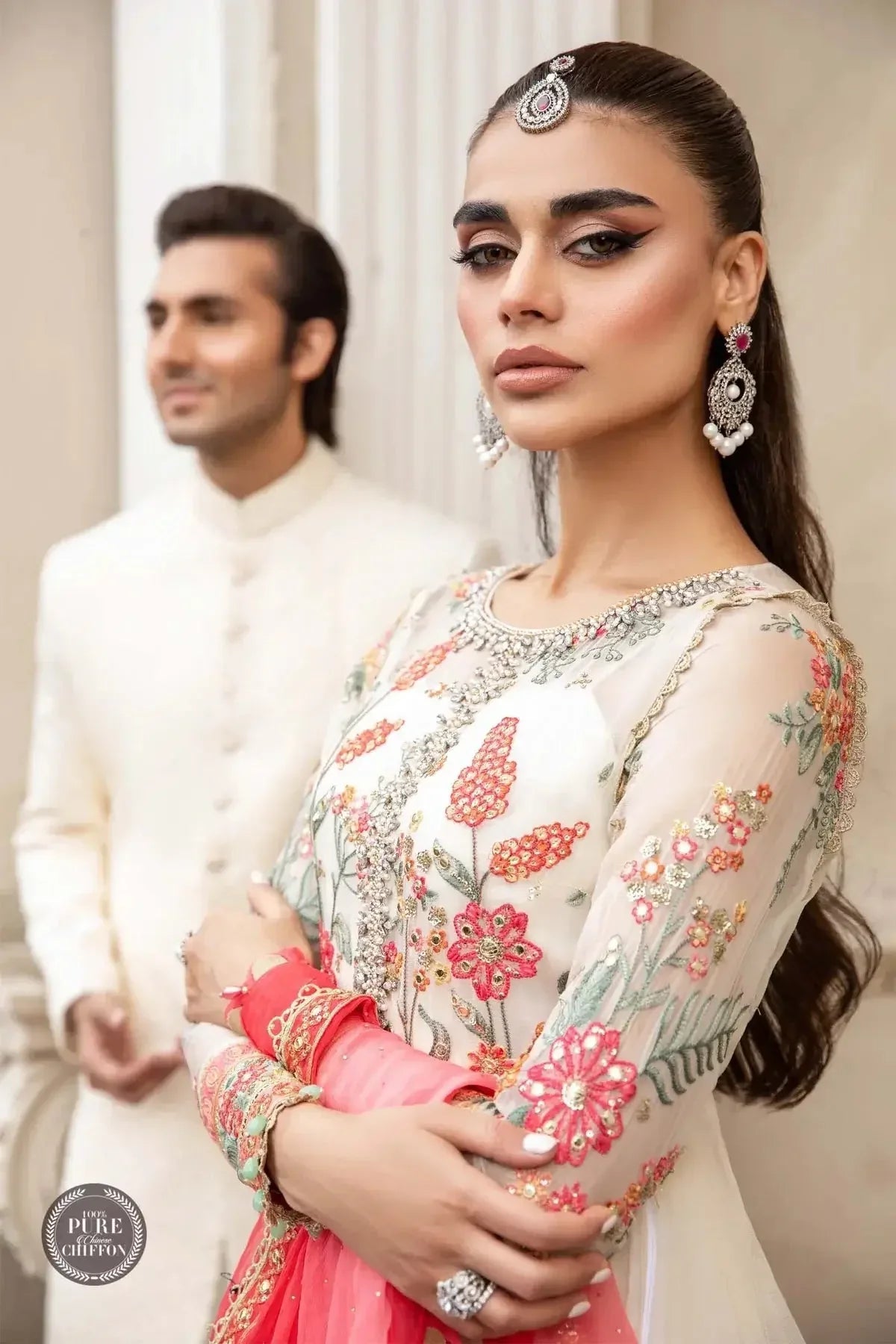 Maria B | Luxury Chiffon Collection | Cloud White Floral - Aqsa Fabrics