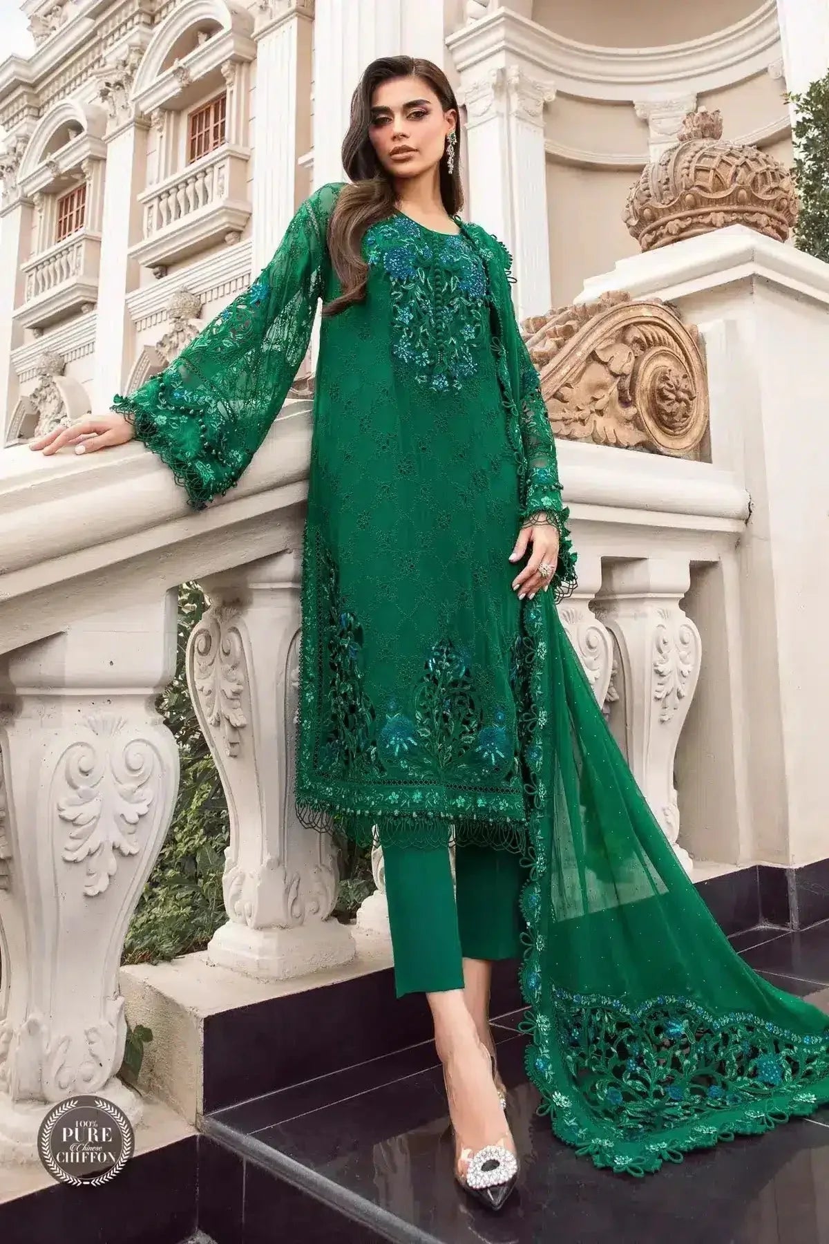 Maria B | Luxury Chiffon Collection | Emerald Green - Aqsa Fabrics