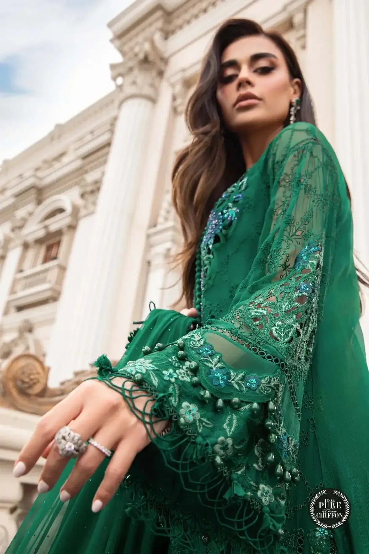 Maria B | Luxury Chiffon Collection | Emerald Green - Aqsa Fabrics