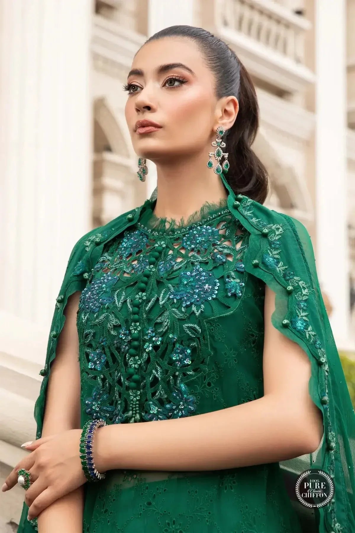 Maria B | Luxury Chiffon Collection | Emerald Green - Aqsa Fabrics