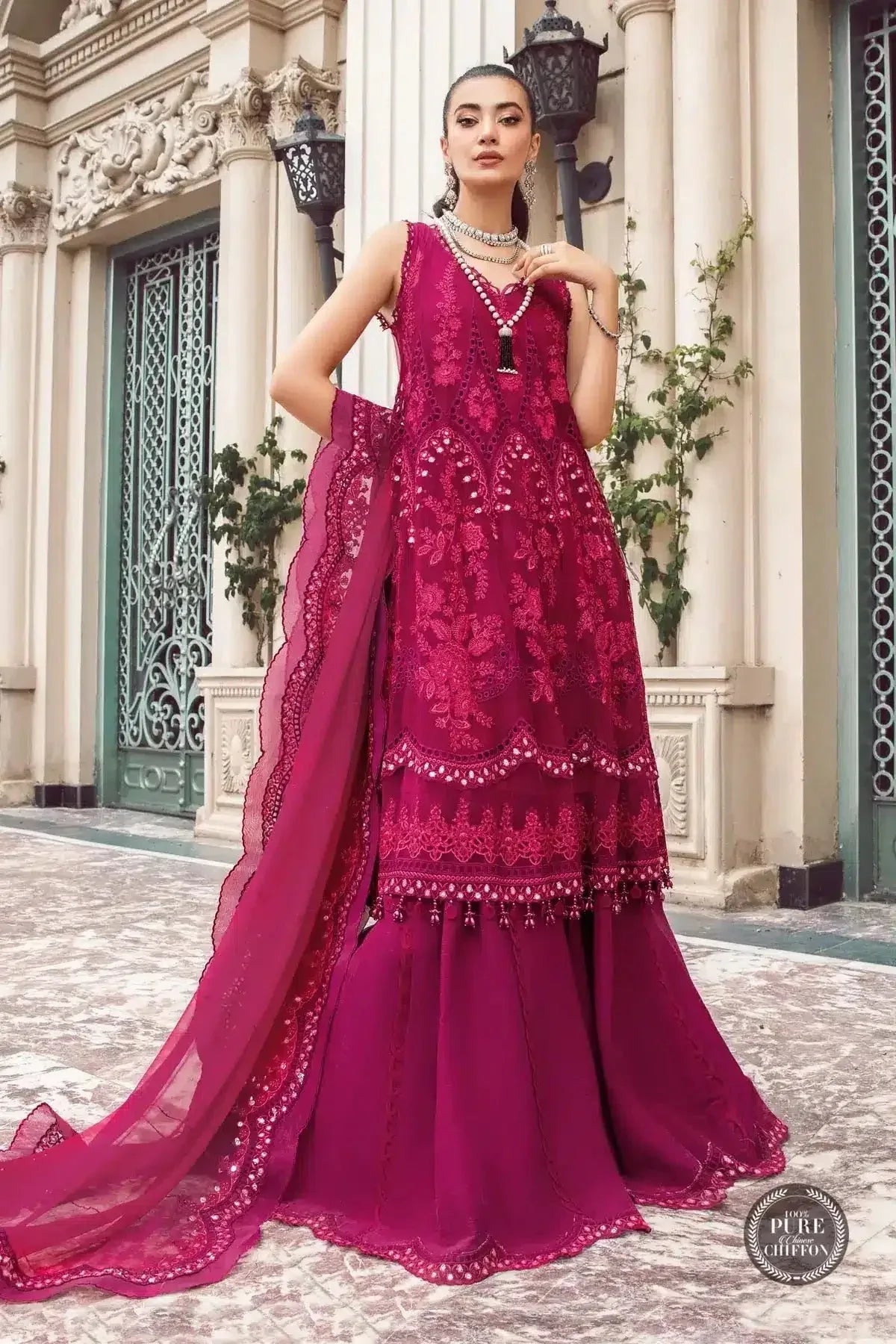Maria B | Luxury Chiffon Collection | Magenta Pink - Aqsa Fabrics