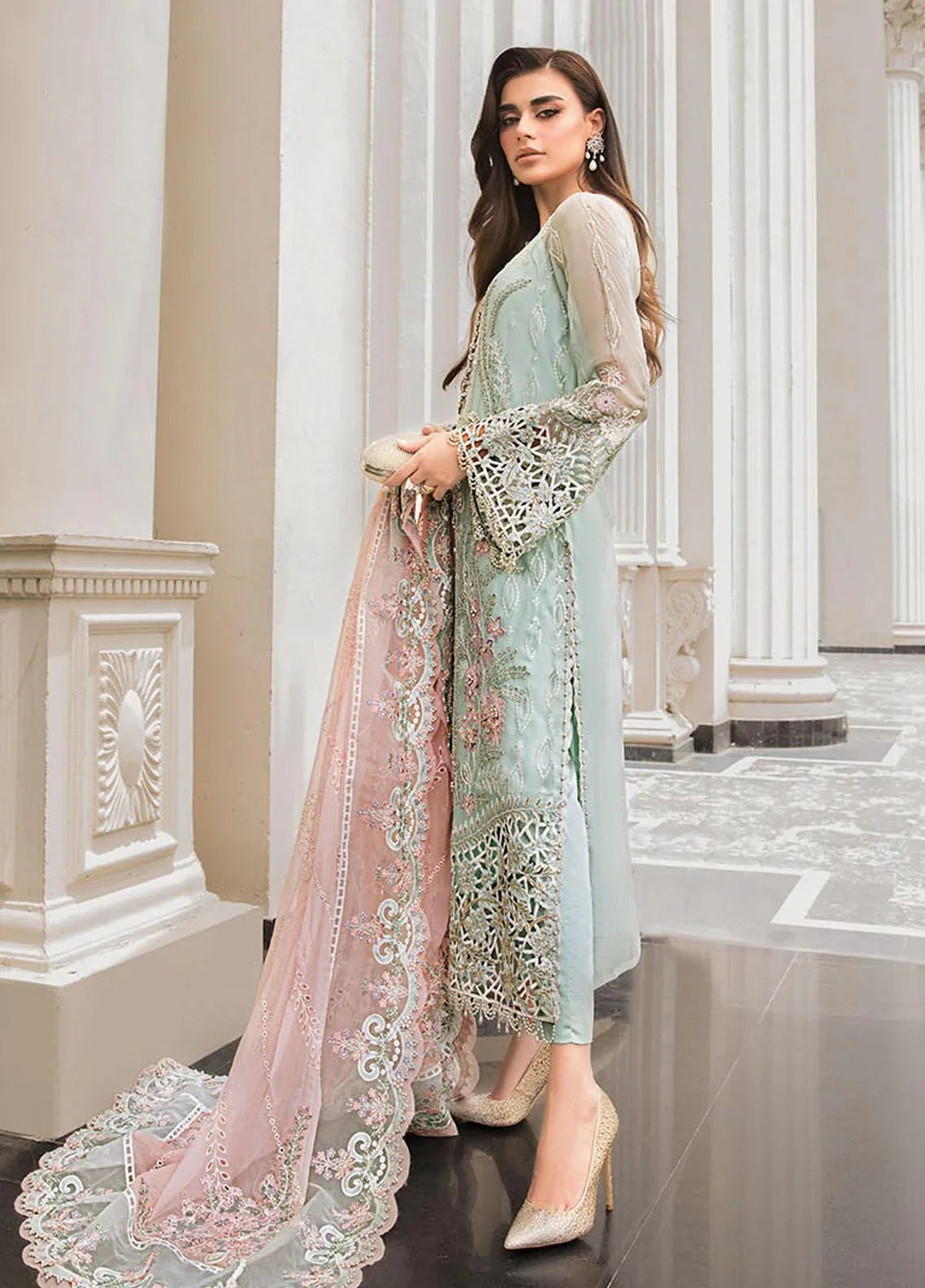 Maria B | Luxury Chiffon Collection | Mint Green - Aqsa Fabrics