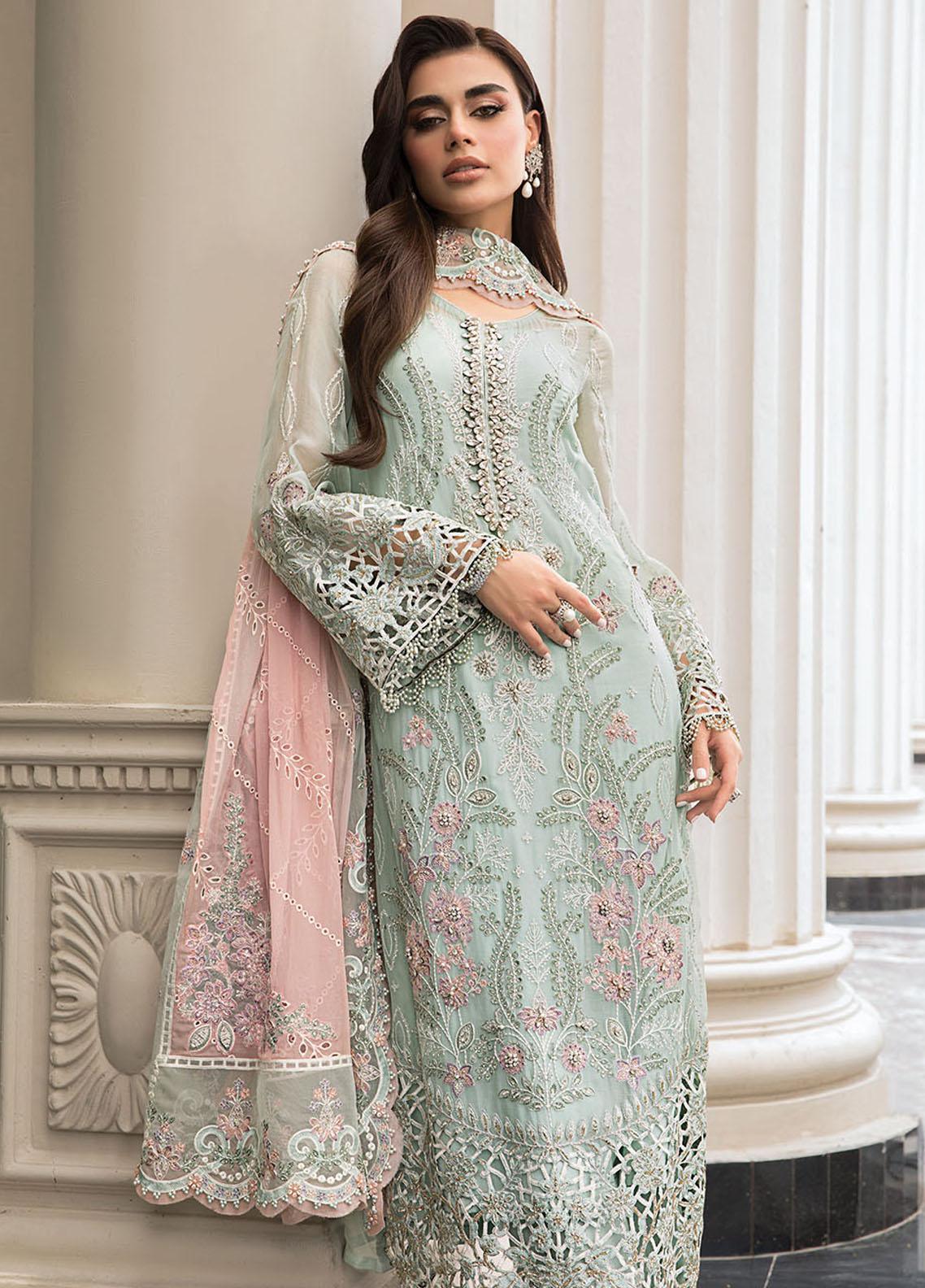 Maria B | Luxury Chiffon Collection | Mint Green - Aqsa Fabrics