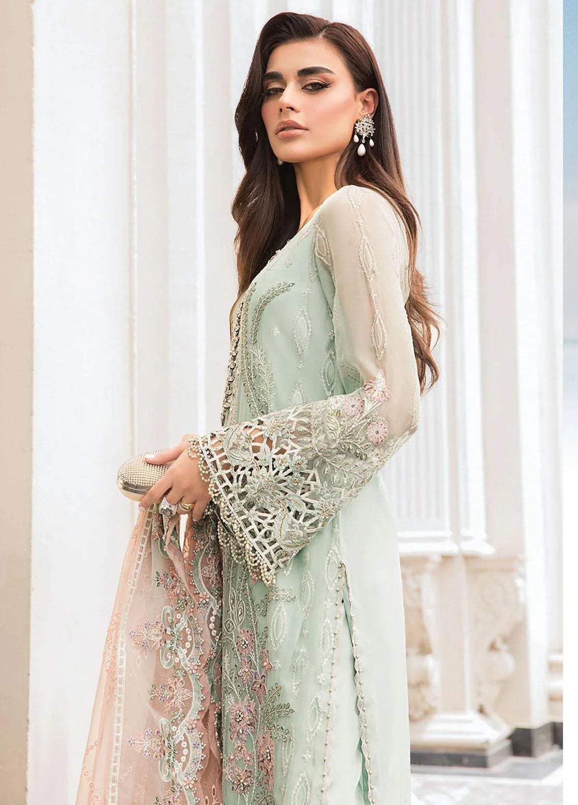 Maria B | Luxury Chiffon Collection | Mint Green - Aqsa Fabrics