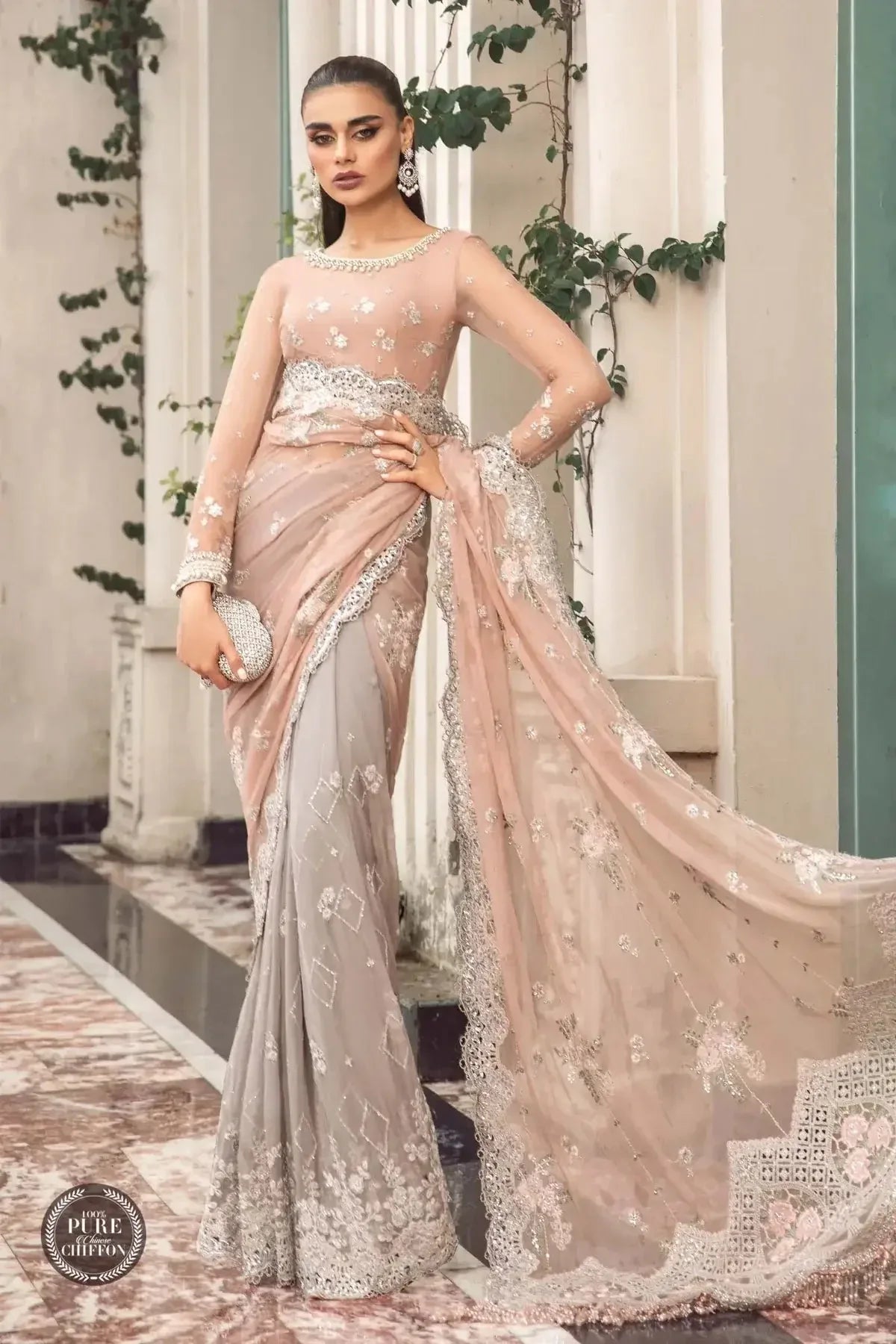 Maria B | Luxury Chiffon Collection | Peach And Grey - Aqsa Fabrics