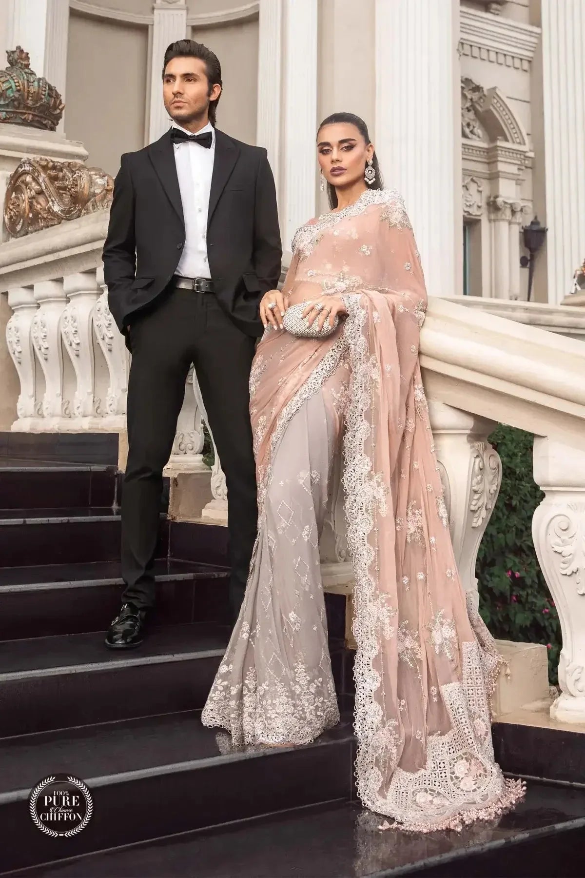 Maria B | Luxury Chiffon Collection | Peach And Grey - Aqsa Fabrics