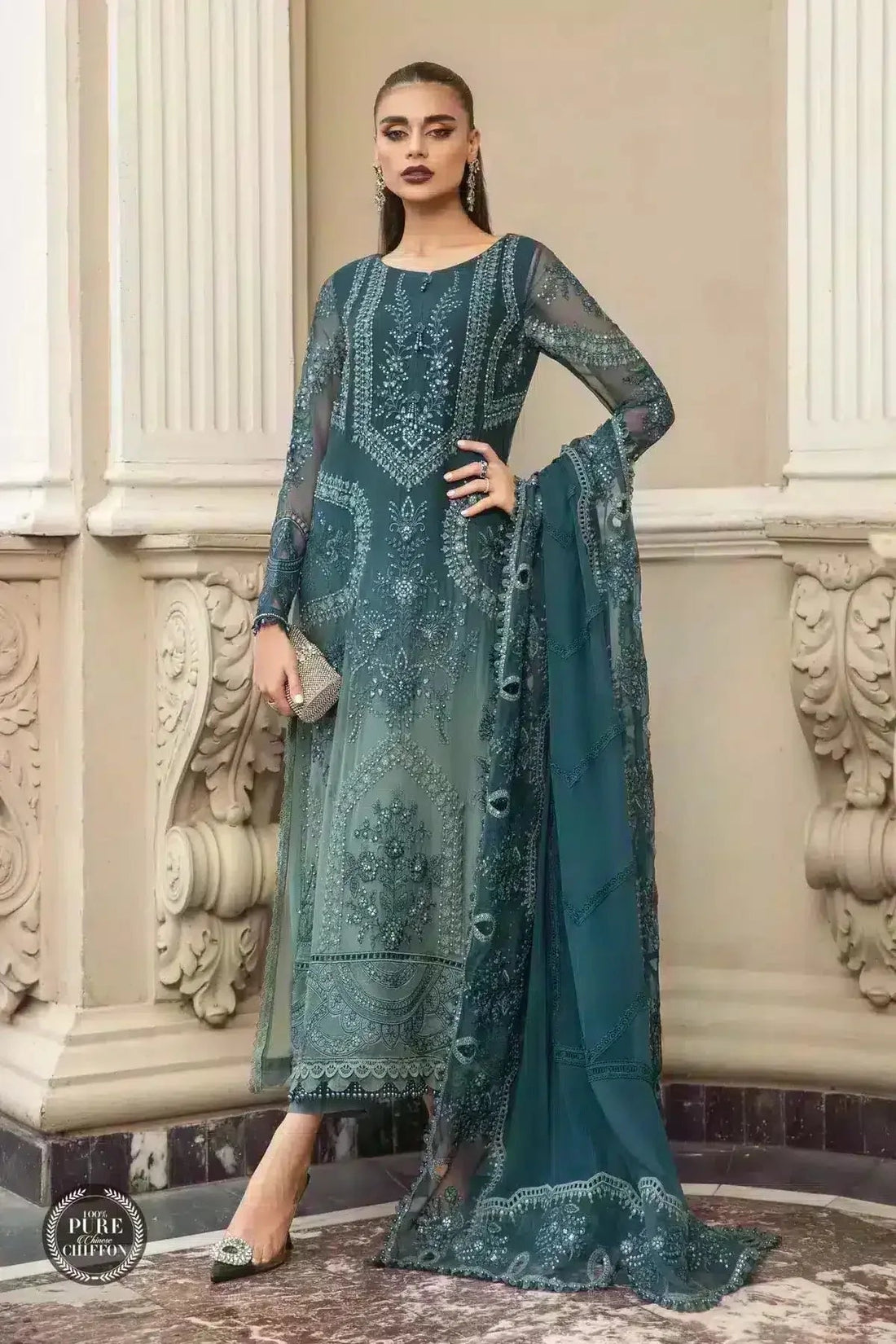 Maria B | Luxury Chiffon Collection | Teal Blue - Aqsa Fabrics