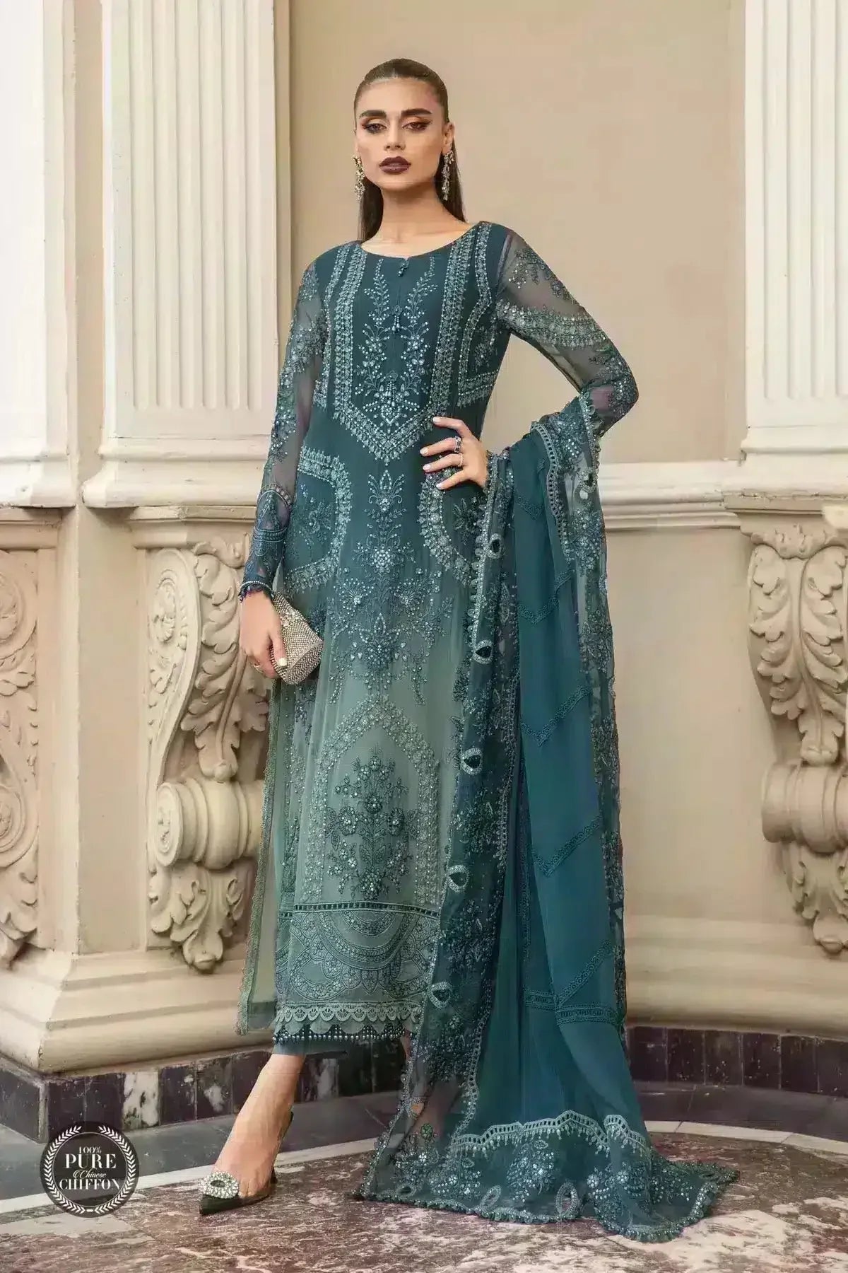 Maria B | Luxury Chiffon Collection | Teal Blue - Aqsa Fabrics
