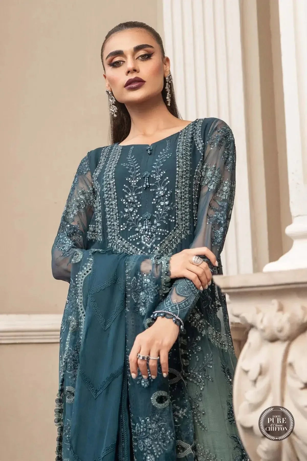 Maria B | Luxury Chiffon Collection | Teal Blue - Aqsa Fabrics