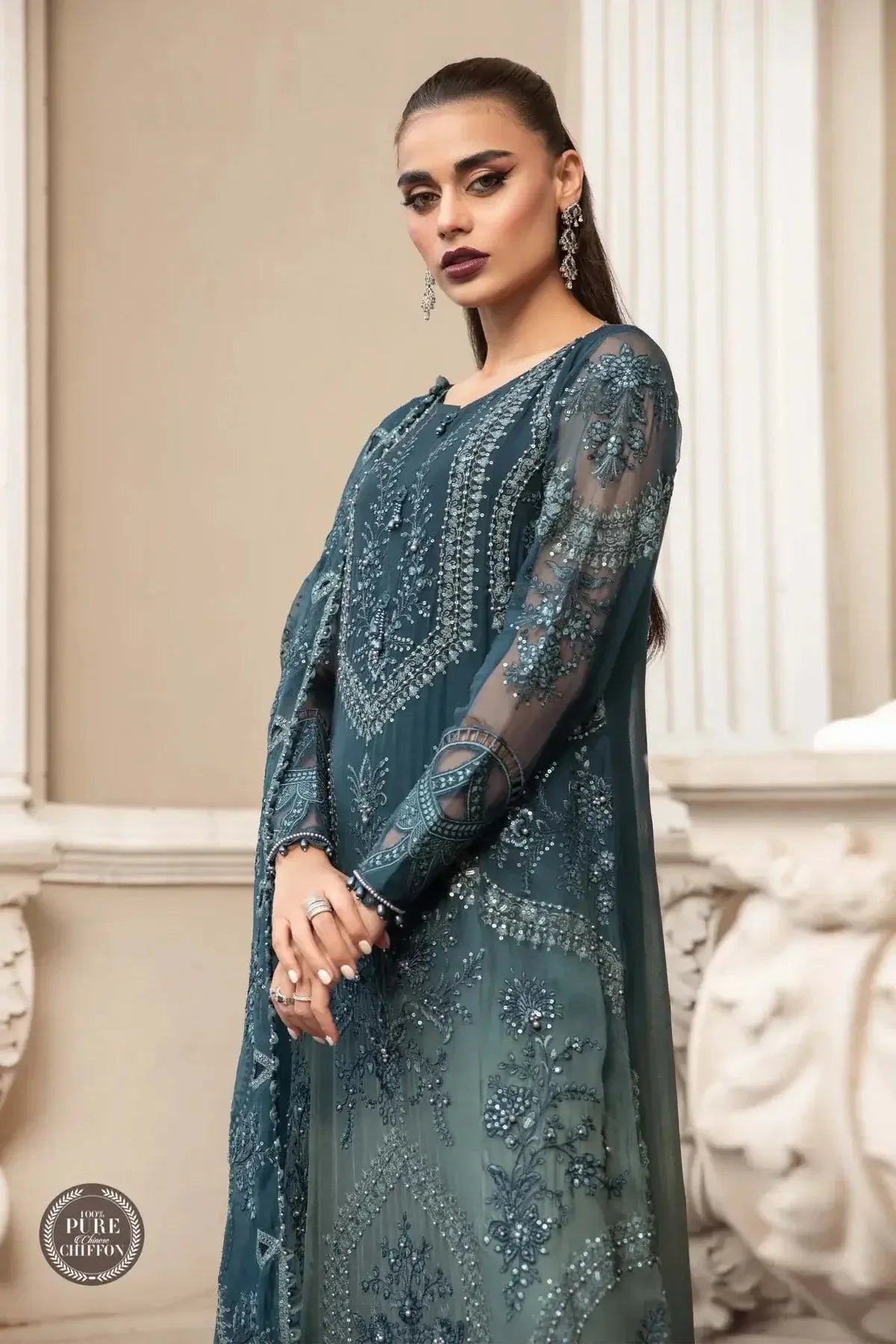 Maria B | Luxury Chiffon Collection | Teal Blue - Aqsa Fabrics