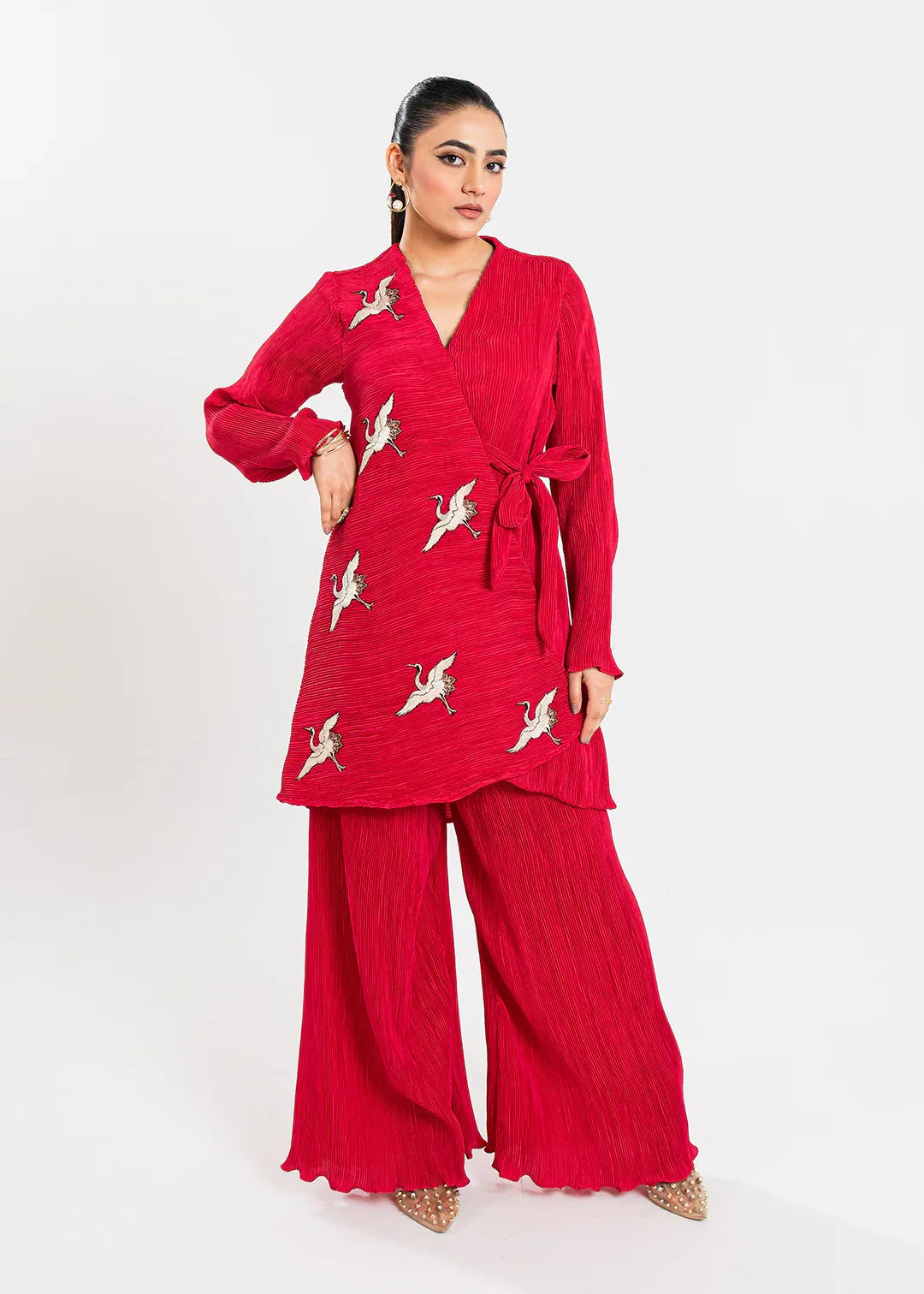 Maria Osama Khan | Claire Pleated Silk | Scarlet - Aqsa Fabrics
