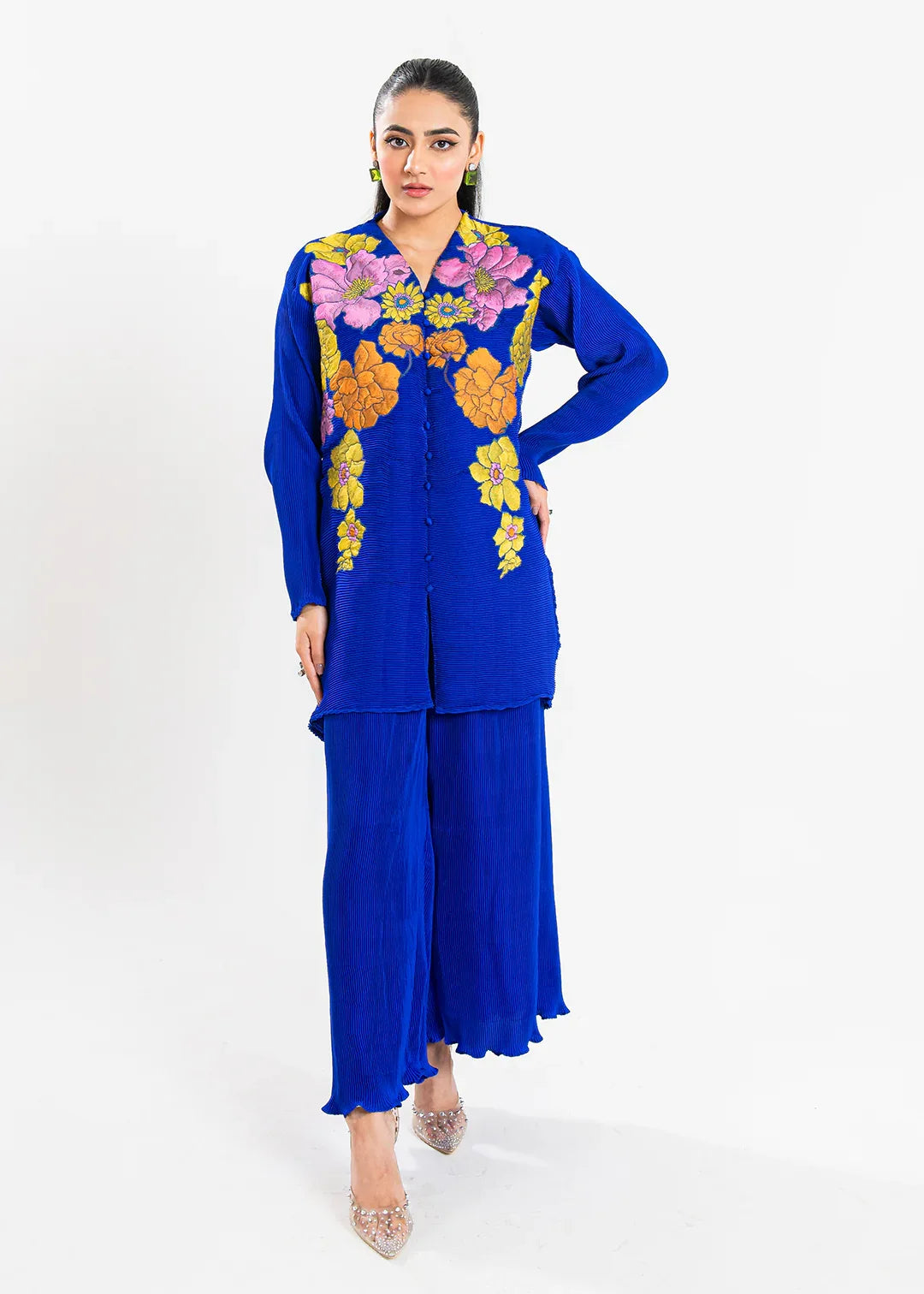 Maria Osama Khan | Claire Pleated Silk | Azure - Aqsa Fabrics