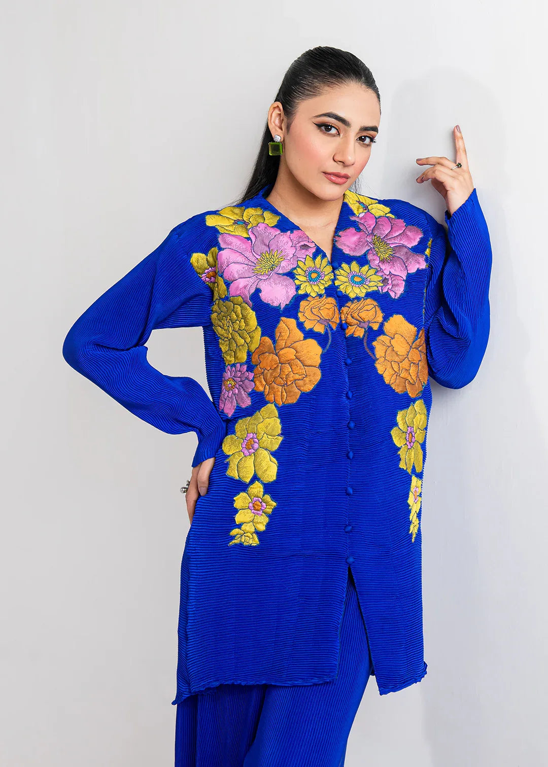 Maria Osama Khan | Claire Pleated Silk | Azure - Aqsa Fabrics